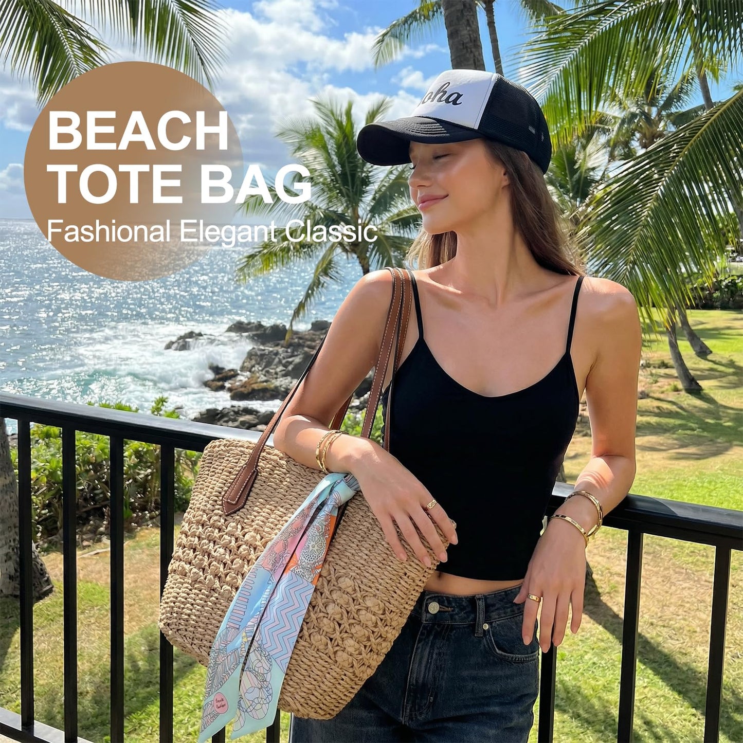 Aodse Beach Bags for Women, Summer Straw Beach Bag with Zipper Pocket, Durable Straw Tote Bag Shoulder Handbags for Beach, Travel, Vacation, Shopping （Khaki）