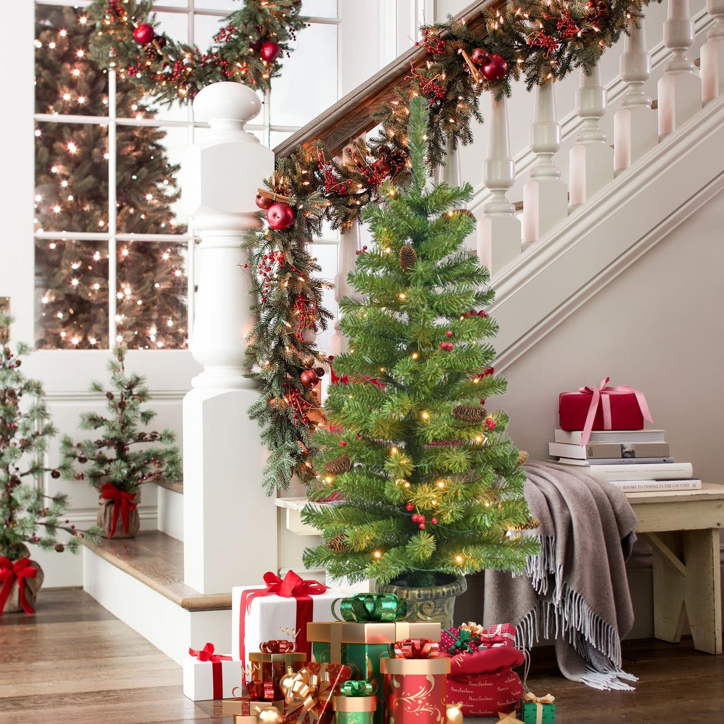 Maylaviu 4FT Artificial Potted Christmas Tree with Lights, Pre-lit Mini Christmas Tree with 50 LED Lights, Small Fake Spruce Tree with 140 Branch Tips, Pine Cones&Red Berries, Battery Operated