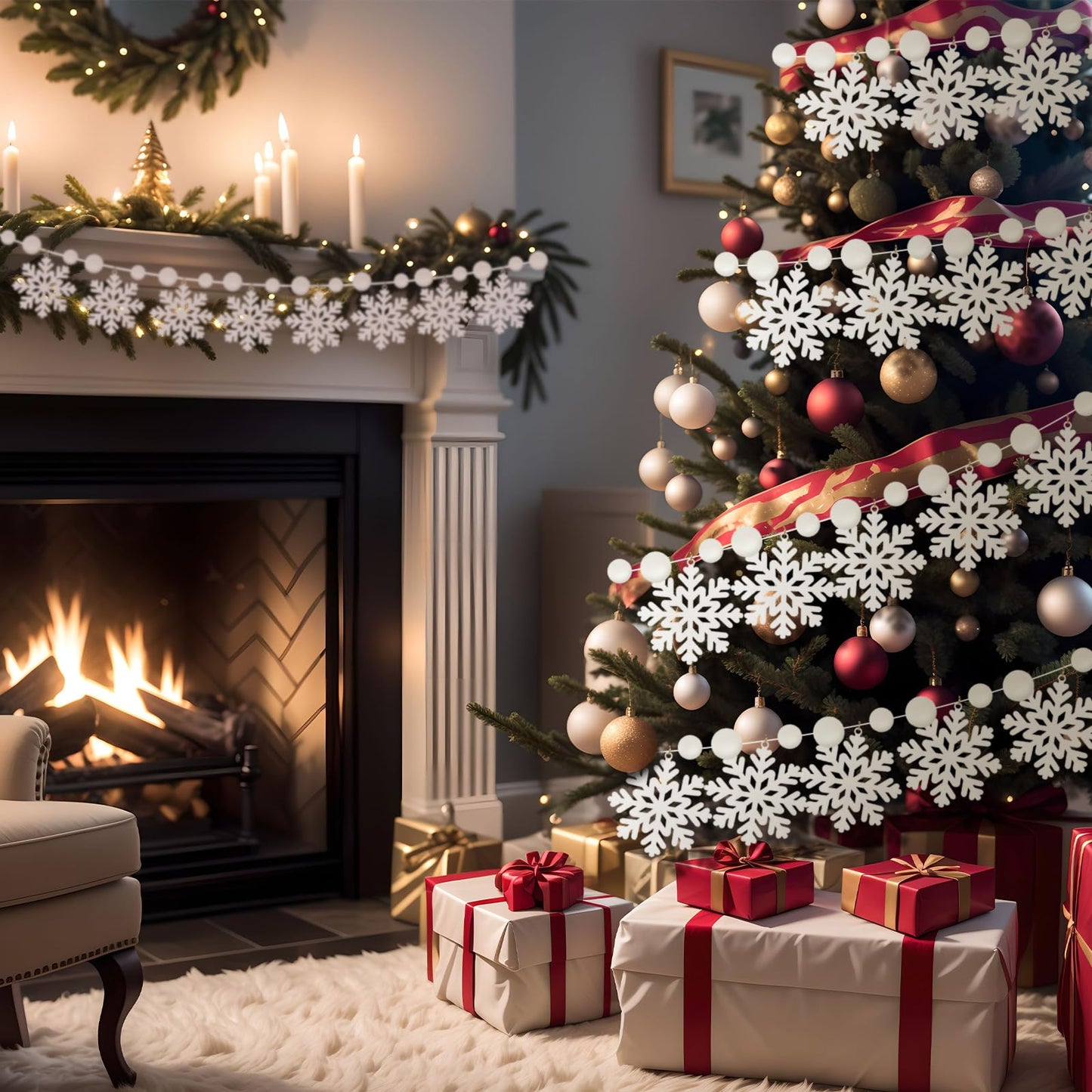 VioraWhite Christmas Decorations Felt Snowflake Banner Winter Pom Pom Hanging Garland Christmas White Snowflake Snow Ball String Banner for Winter Xmas Party Fireplace Mantle Decor