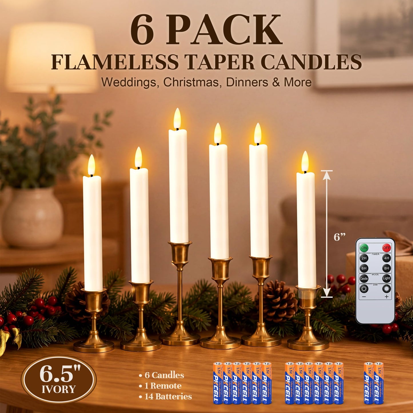 Enhon 6 Pack Flameless Taper Candles with Remote & Batteries, 6.5" Ivory LED Candle Sticks, 3D Flickering Wick, Timer & Dimmable, 624+ Hour Battery Operated Candles for Home, Wedding & Christmas Decor