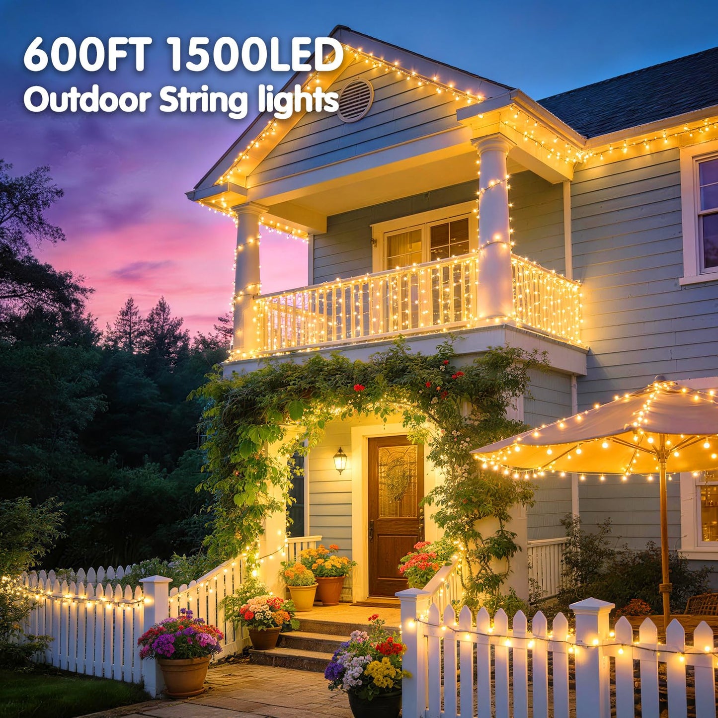 KNONEW 600ft 1500 LED Christmas String Lights Outdoor 8 Lighting Modes & Timer Dimmable Fairy Light Plug in Waterproof for Xmas Roof Yard Tree Wedding Party Holiday Decorations (Warm White)