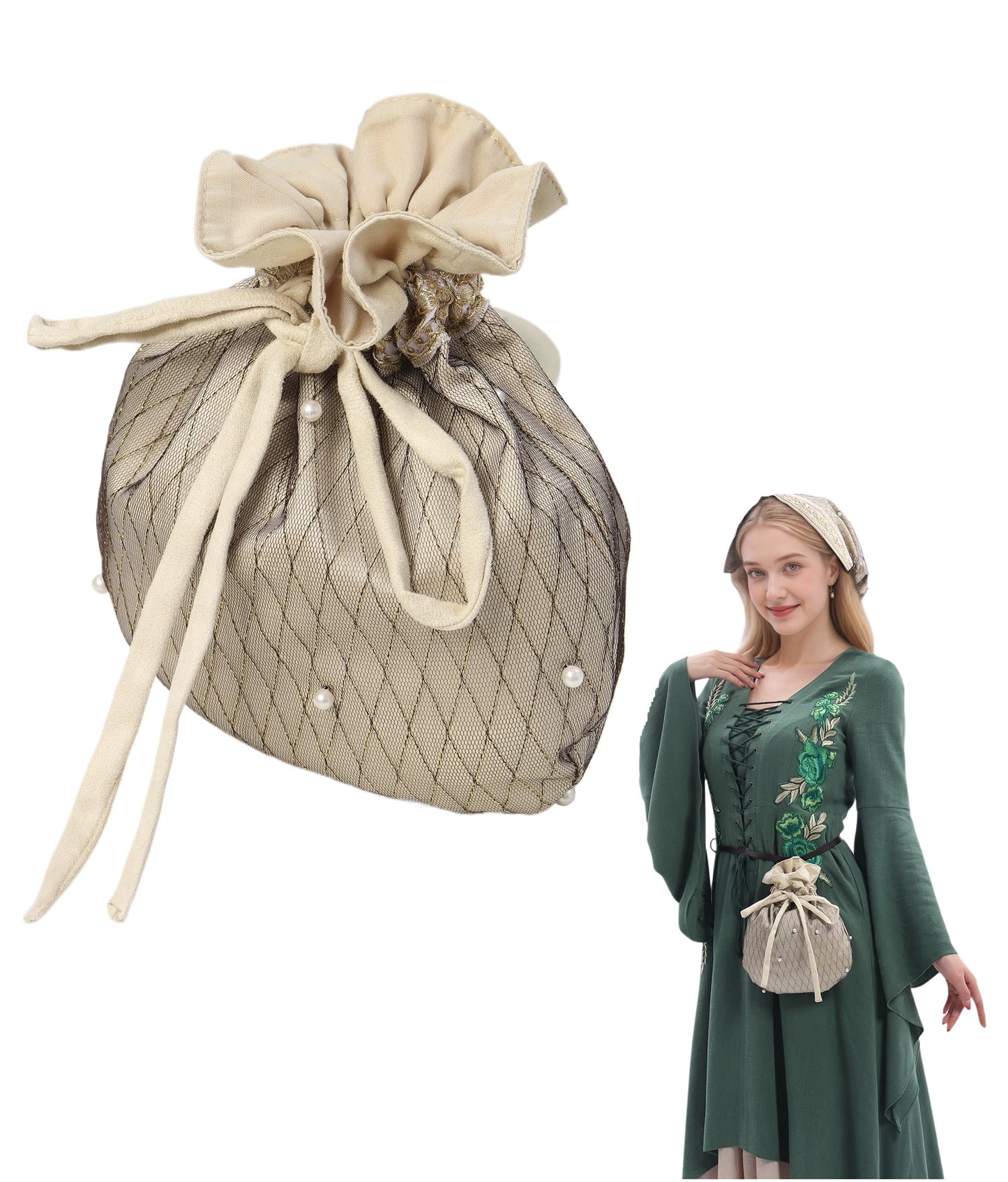 Medieval Velvet Pouch with Beads Drawstring Belt Purse Renaissance Waist Coin Bag for Ren Faire (Ivory)