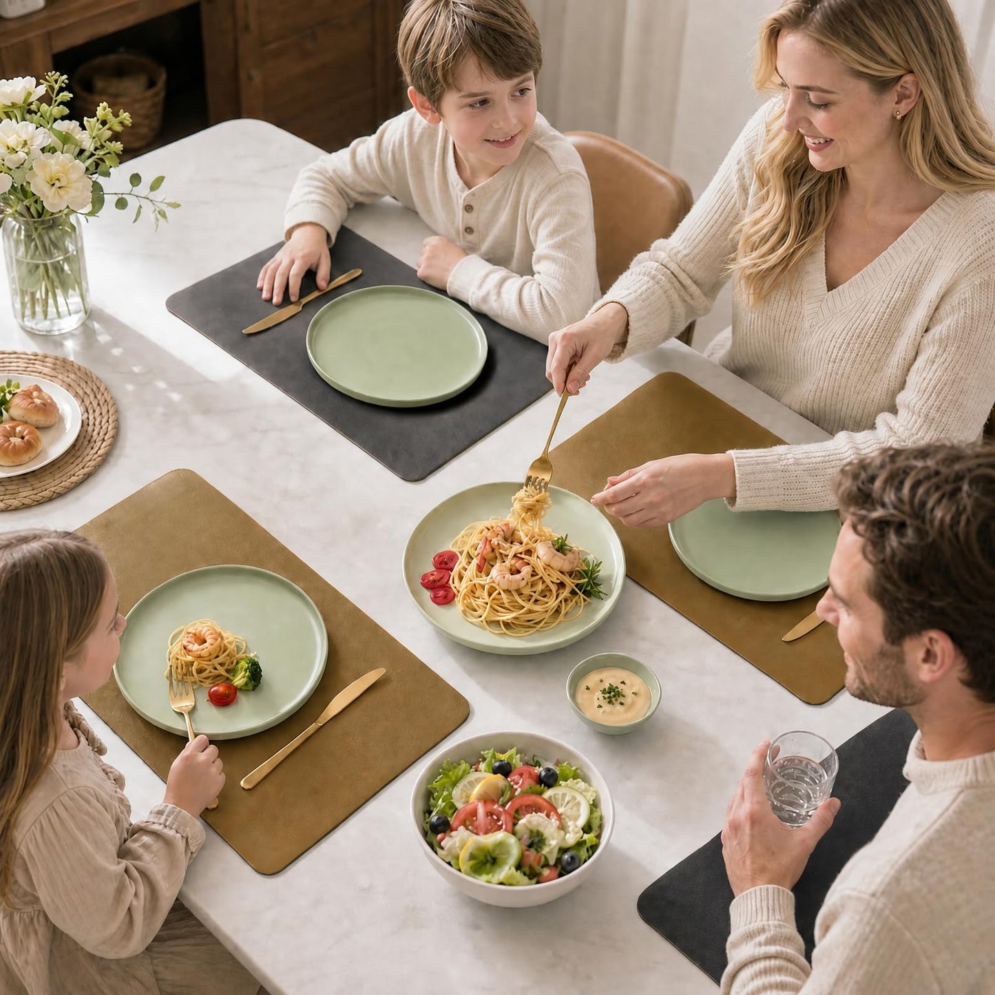 ZEUMIE Reversible PU Leather Placemats Set of 6, Double-Sided Waterproof Heat-Resistant Table Mats, Non-Slip Washable Dining Placemats for Kitchen, Restaurant, Party (Dark brown & yellow, 17.5"x11.8")