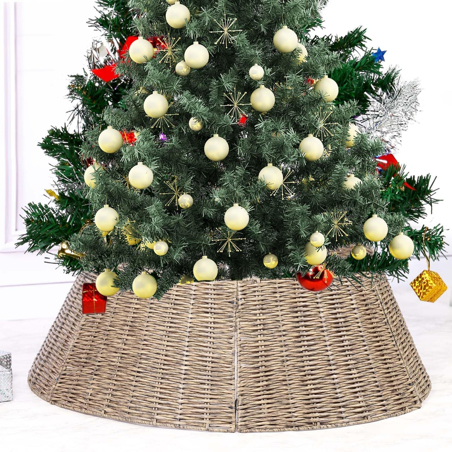 Vencer 28.3''Christmas Tree Collar,Plastic Rattan Xmas Tree Skirt,Rustic Decorations,Tree Skirt Base for Christmas Tree Decorations,Light Coffee,CTS-Y004