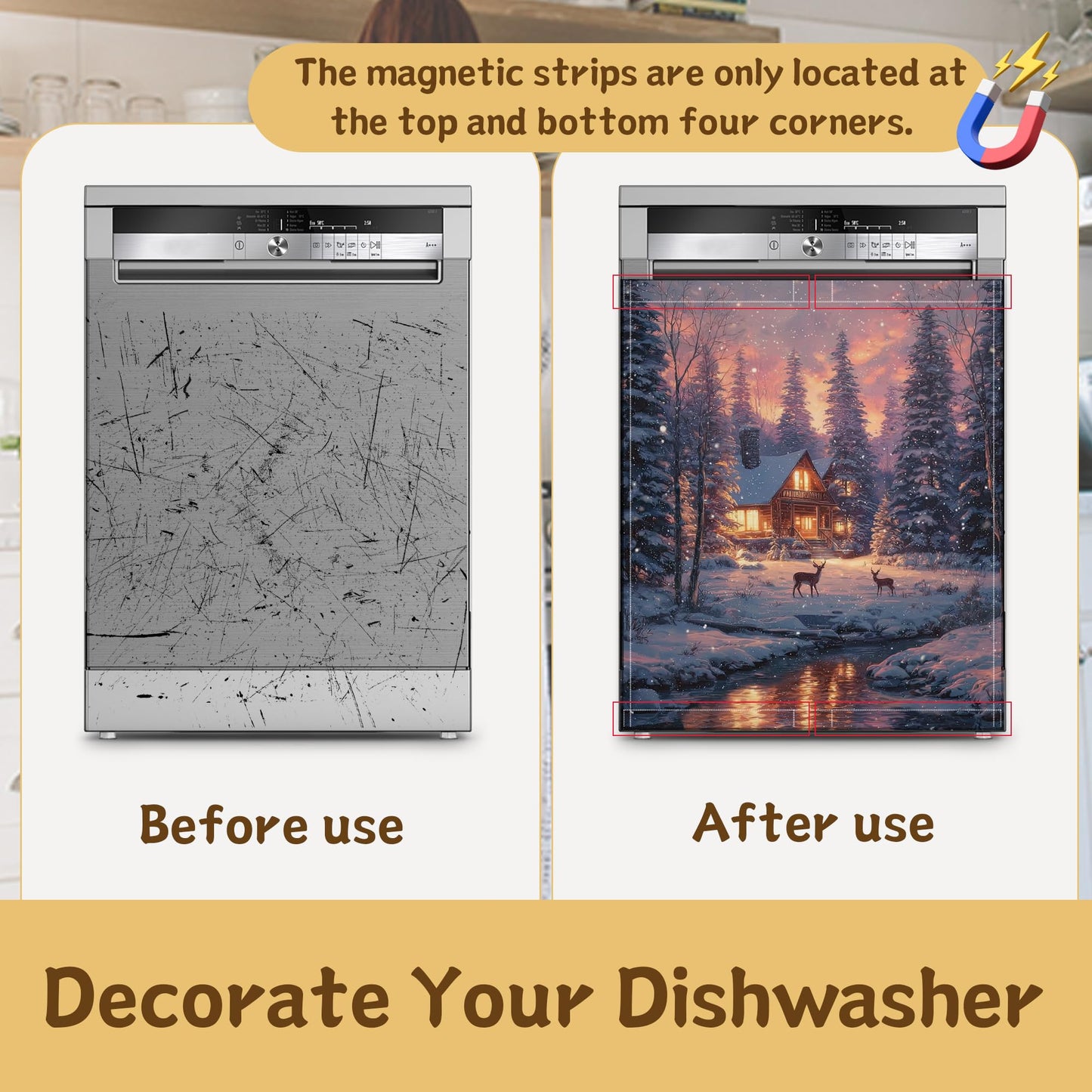 Christmas Scene Snowflakes Magnetic Dishwasher Cover for Kitchen Decor, Reusable Appliance Front Panel, Refrigerator Magnet Cover, 23 x 26 in