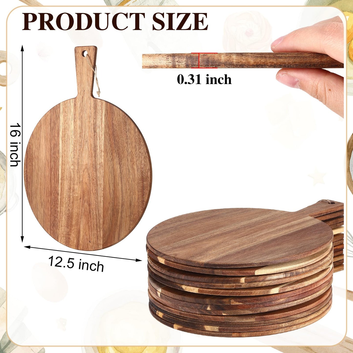 Patelai 12 Piece Round Wood Cutting Board with Handle Bulk Pizza Peel Laser Engraving Serving Charcuterie Cheese Bread Cutting Board Bulk Gifts for DIY Christmas Housewarming(Acacia Wood,13 Inch)