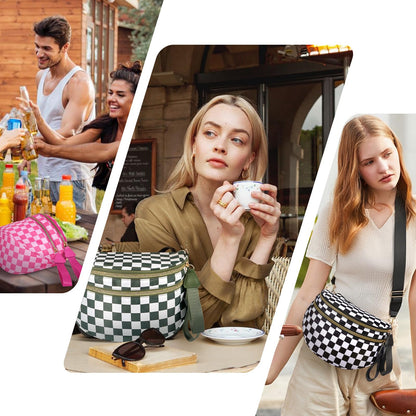 Checkered Crossbody Bag,Nylon Bum Bags for Women Crossbody,Spacious Sling Bag Purse Fanny Packs with Shoulder Strap