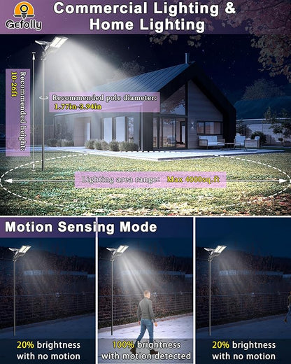 Gefolly SL-11000W Solar Street Light Outdoor 700000LM Commercial Parking Lot Lights Dusk to Dawn 6500K Flood Security Light IP67 Lamp with Motion Sensor for Basketball Court, Yard, Road