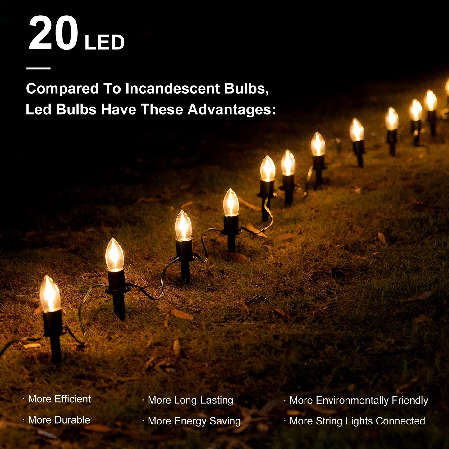 PerPaiMe C9 Christmas Pathway Lights Outdoor LED - 24.2 Feet String Lights with 20 Bulbs, Waterproof Christmas Path Lights with Stake for Yard, Garden, Lawn, Walkway, Driveway, Sidewalk, Warm White
