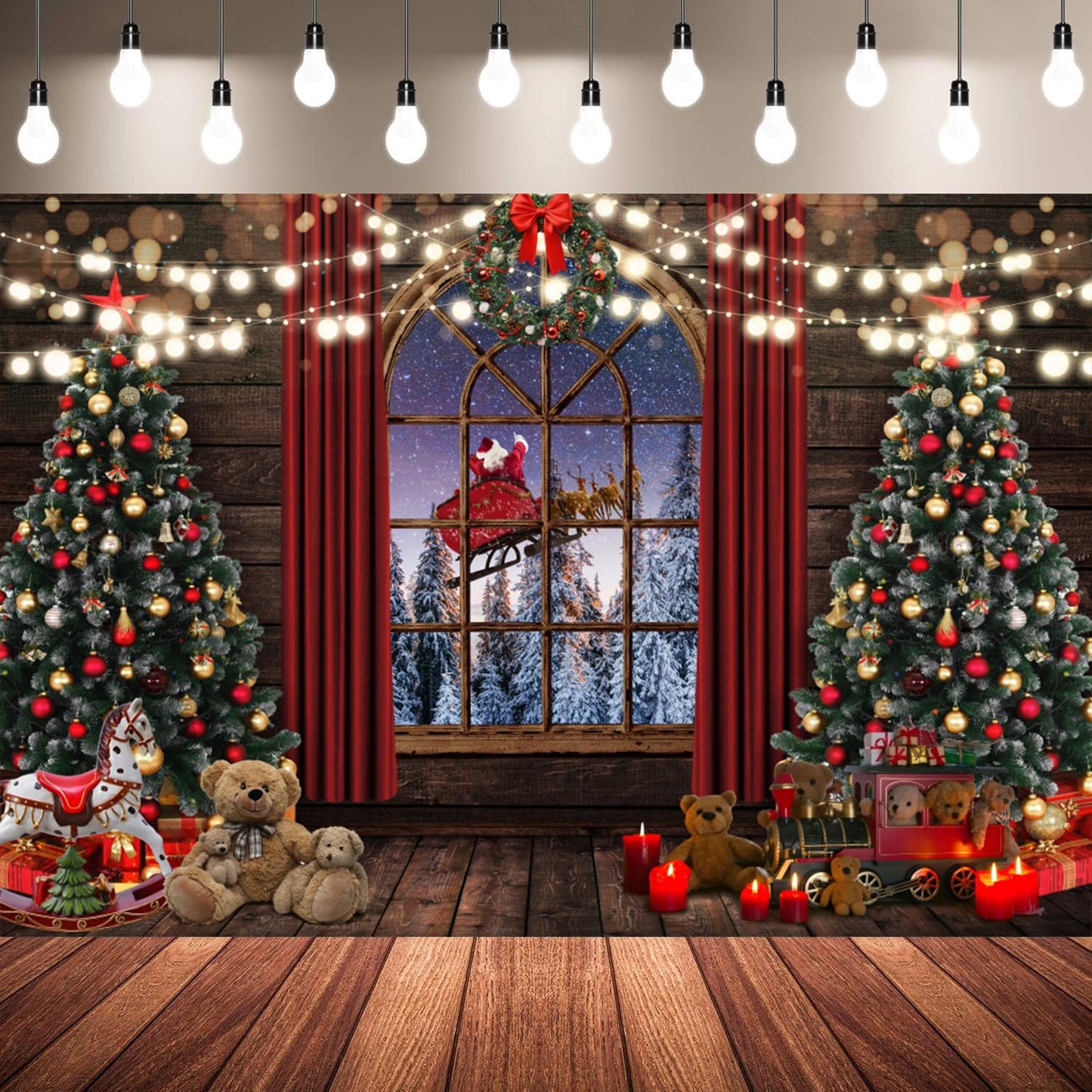 Merry Christmas Backdrop Window Santa Claus Xmas Tree Gifts Red Curtains Snow Winter Holiday Background for Xmas Holiday Party Decorations Banner Photo Booth Props 10x8ft