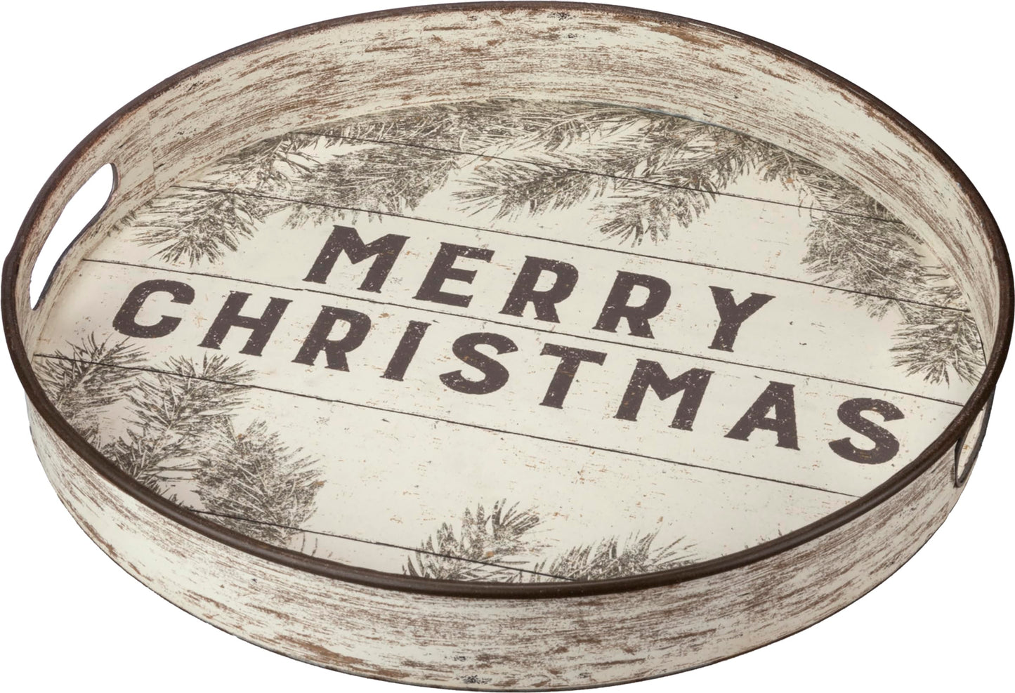Primitives by Kathy Decorative Tray - Merry Christmas Sentiment on a Round Rustic Metal Holiday Tray Featuring slatted Wood Background Print Featuring Distressed Details & Cut Out Handles