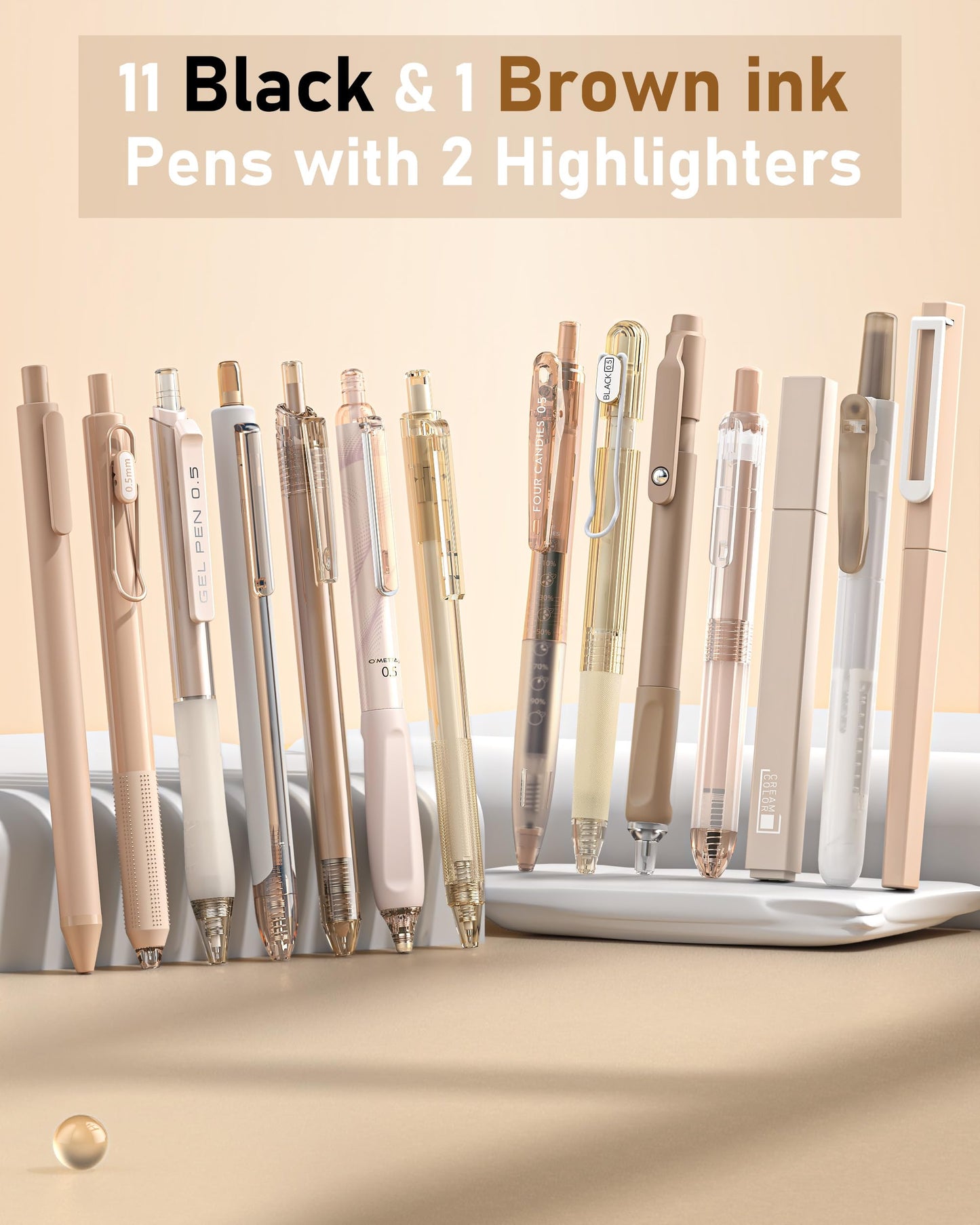 Four Candies Writing Ink Pens with Black & Brown Ink and 2Pack Highlighter, Retractable 0.5mm Smooth Fine Point Pens,Brown Pens for School, Office Girly Stationery Aesthetic Desk Accessories Set of 14