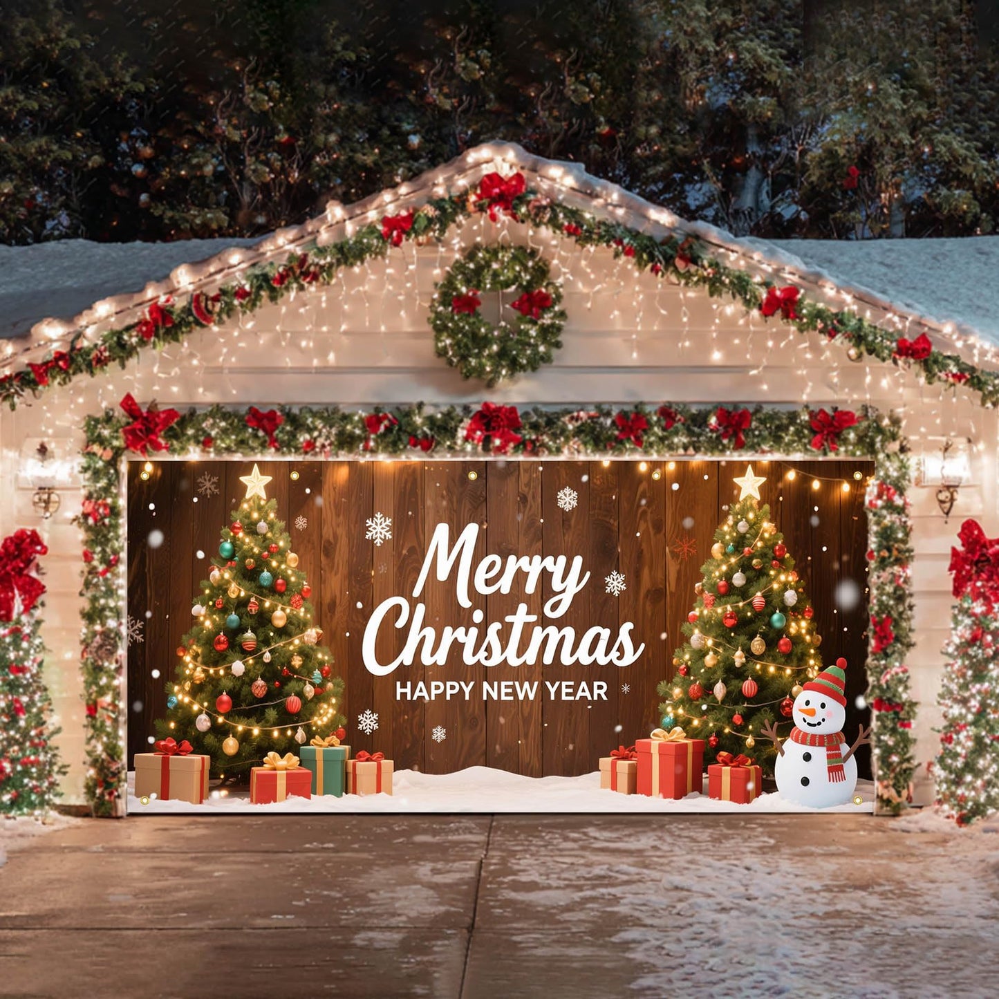 HOMETITUTE Christmas Garage Door Banner 13x6ft Merry Christmas Happy New Year Green Trees Snowman Gift Boxes Holiday Outdoor Indoor Decor Seasonal Party Backdrop