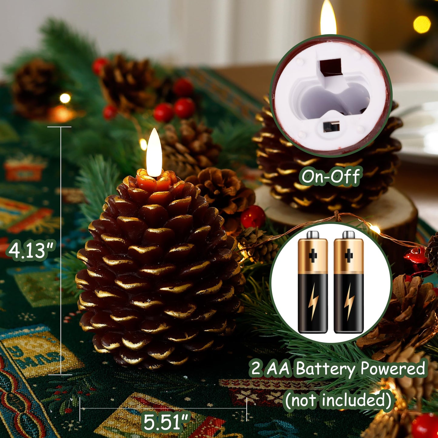 Christmas Flameless Pine Cone Candles with Remote Timer, Battery Operated Flickering Candles, LED Real Wax Pinecone for Christmas Home Decoration, Set of 2, Brown with Gold Glitter (5.5" X 4.1")