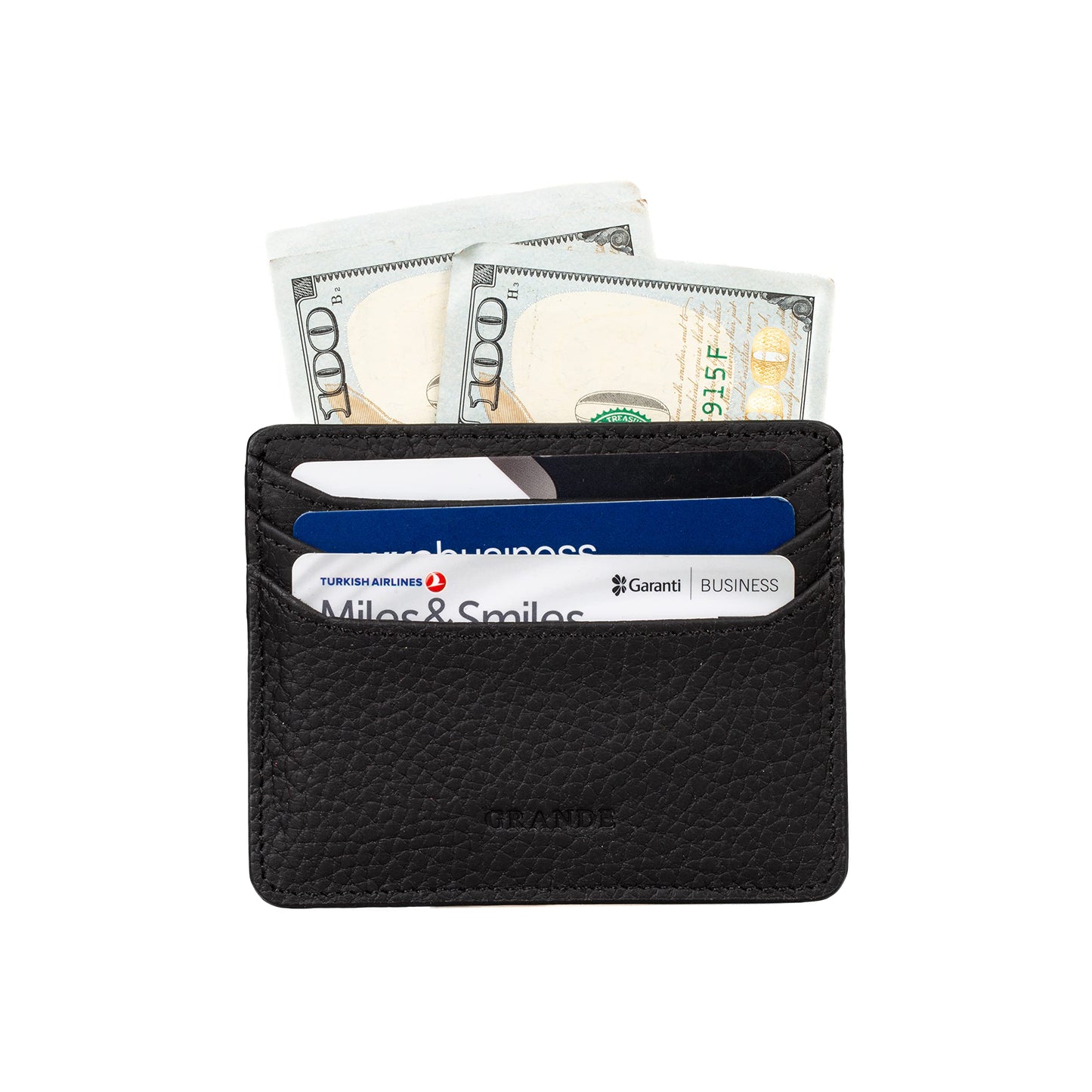 grande 3633 Genuine Leather Card Holder For Women and Men Super Slim Minimalist Small Snap Wallet (Black)