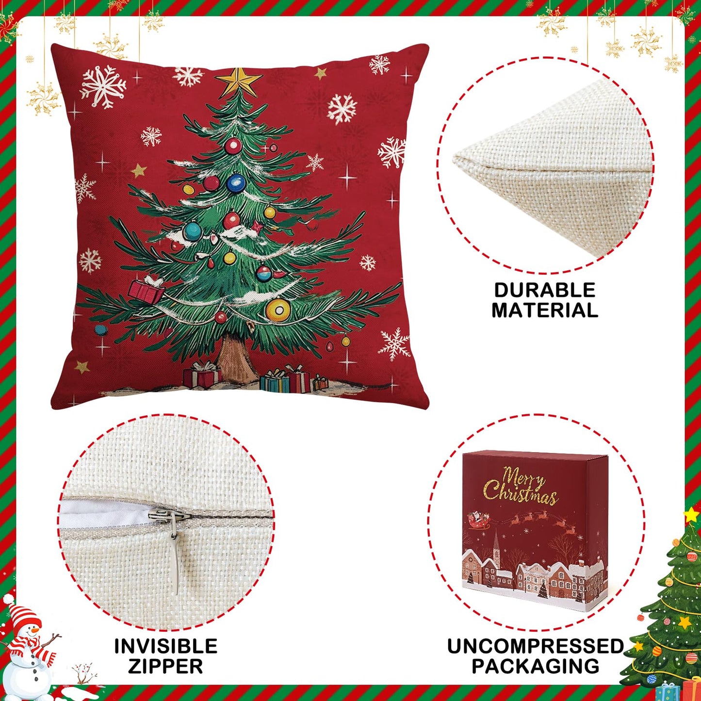 Artscope Christmas Tree Snowman Throw Pillow Covers 18x18 Inch Set of 4, Let It Snow Holly Jolly Winter Hoilday Christmas Decoration Pillow Cases for Home Sofa Couch Decor-Red