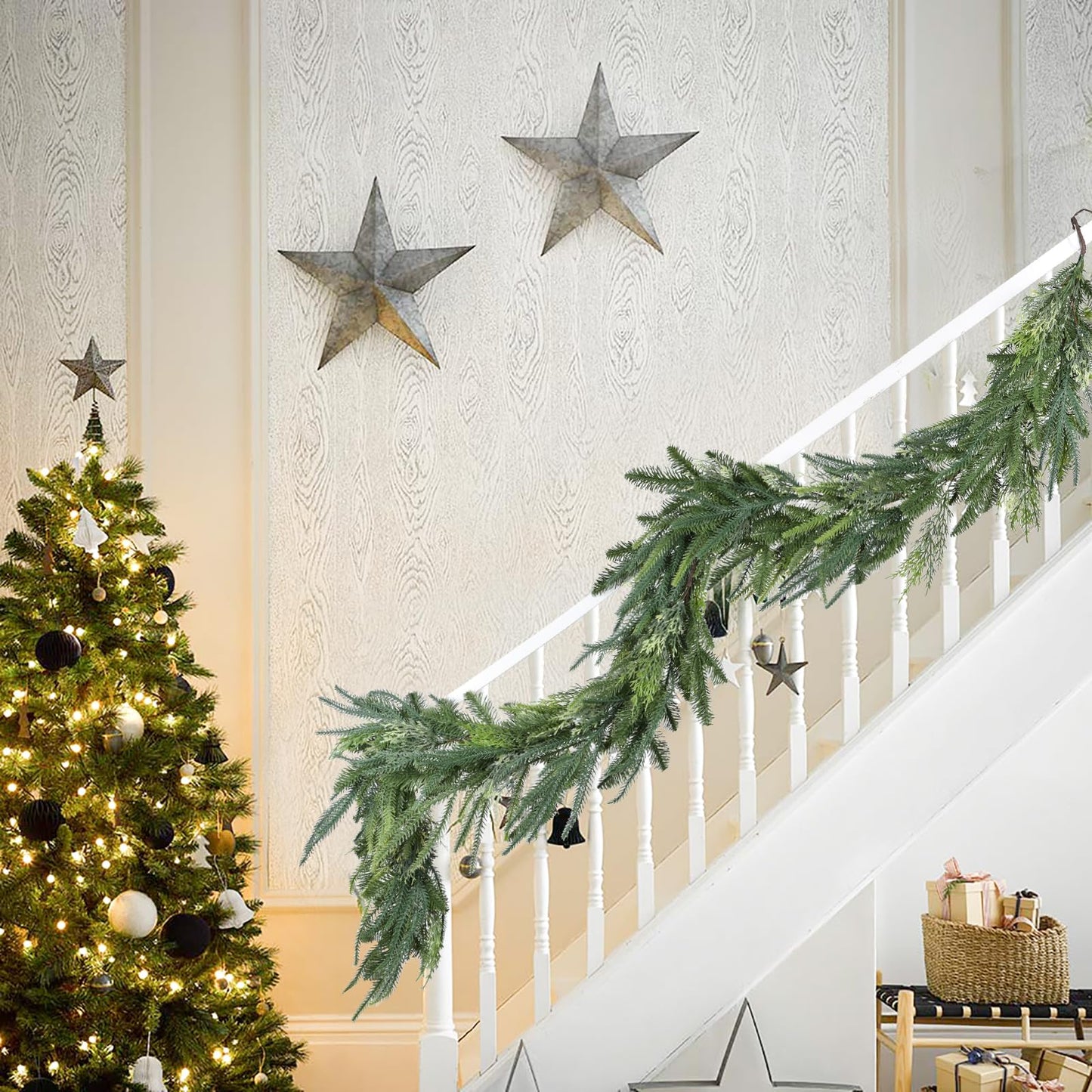 Artiflr Christmas Norfolk Pine and Cedar Garland for Holiday Mantel, Fireplace, Table Decor