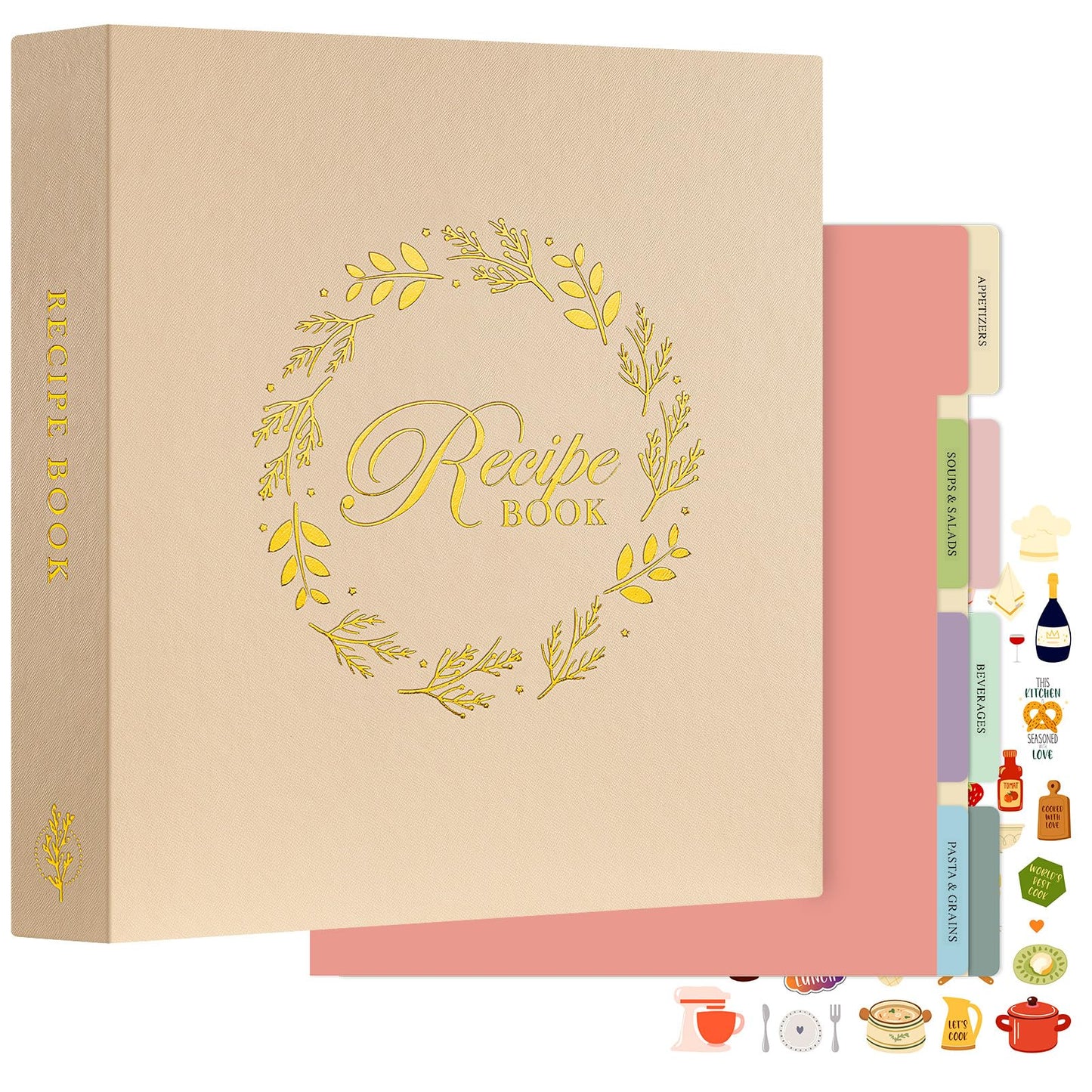 Lanpn Recipe Binder 8.5x11 3 Ring Kit, Waterproof Organizer Binder to Write in Your Own Recipes, Blank Recipe Book with 60 Plastic Sleeves,116 Recipes, Dividers, Labels & Stickers, Oat