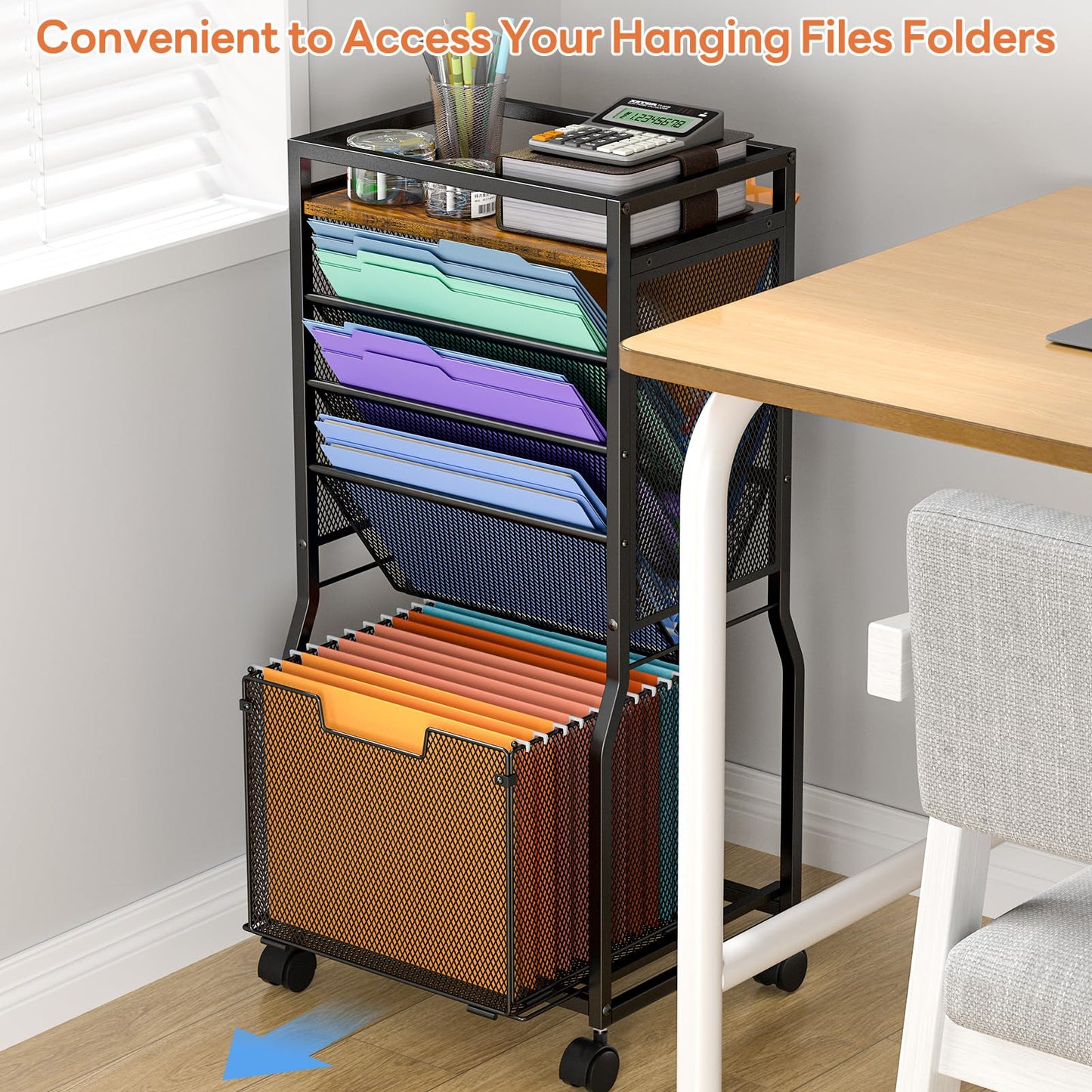 DAOUTIME 8 Tier Rolling File Cart with Hanging File Folder Organizer, Mobile File Organizer with 2 Sides Access Bookcase, Beside/Under Desk Cart with Wheels for Office Home School