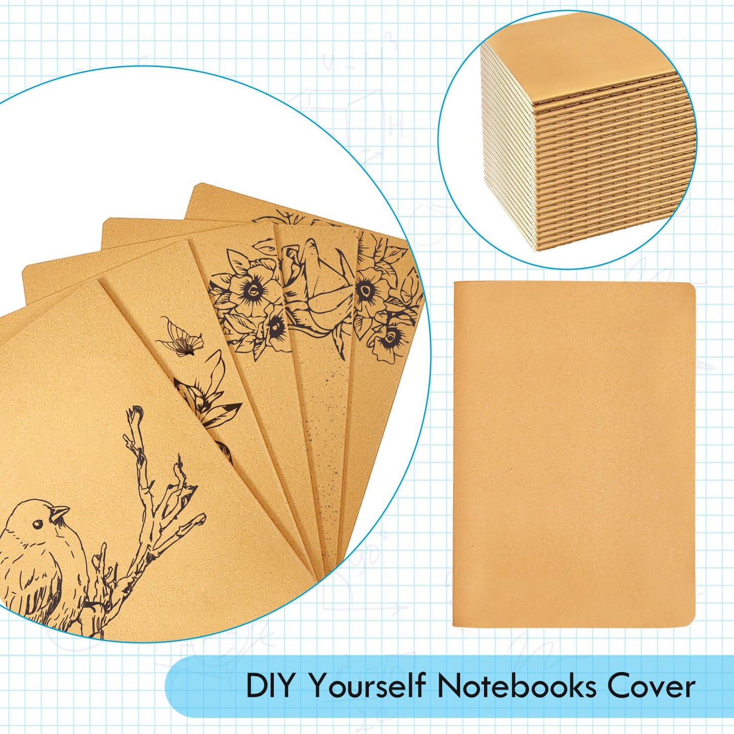 YUQILIN 100 Pack Notebooks Bulk, Journaling Kraft Notebooks 5.5 x 8.3 A5 Softcover Notebook for Travelers Students Office Writing Sketch Travel Journal Notepad with 72 Pages 36 Sheets (Brown-Unlined)