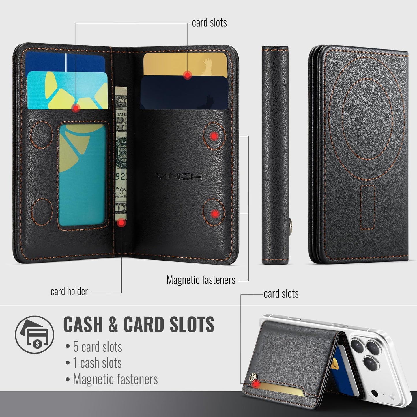 Vinich for MagSafe Wallet Magnetic RFID Blocking Card Holder Compatible with MagSafe Phones and Cases, Strong Magnet Minimalist Phone Wallet for iPhone 17/16/15/14/13/12/ Pro/Max/Plus, Black