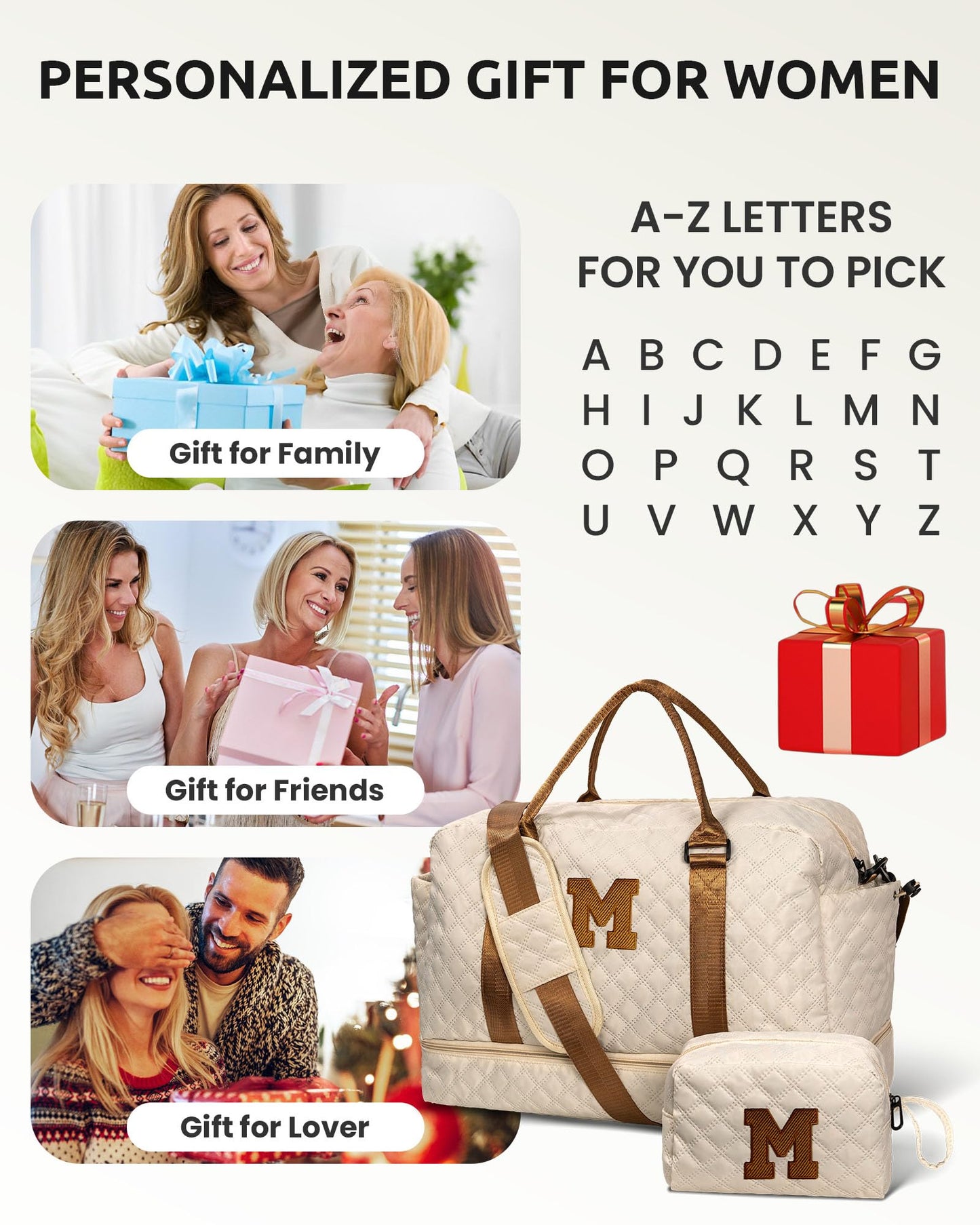 Vogewood Mom Gifts-Women Birthday Gifts-Graduation Gifts for Teenage Girls-Personalized Duffle Bag with Shoe Compartment, Kids Overnight Bag,Travel Weekend Bag, Gift for Women Friend Niece (Letter A)
