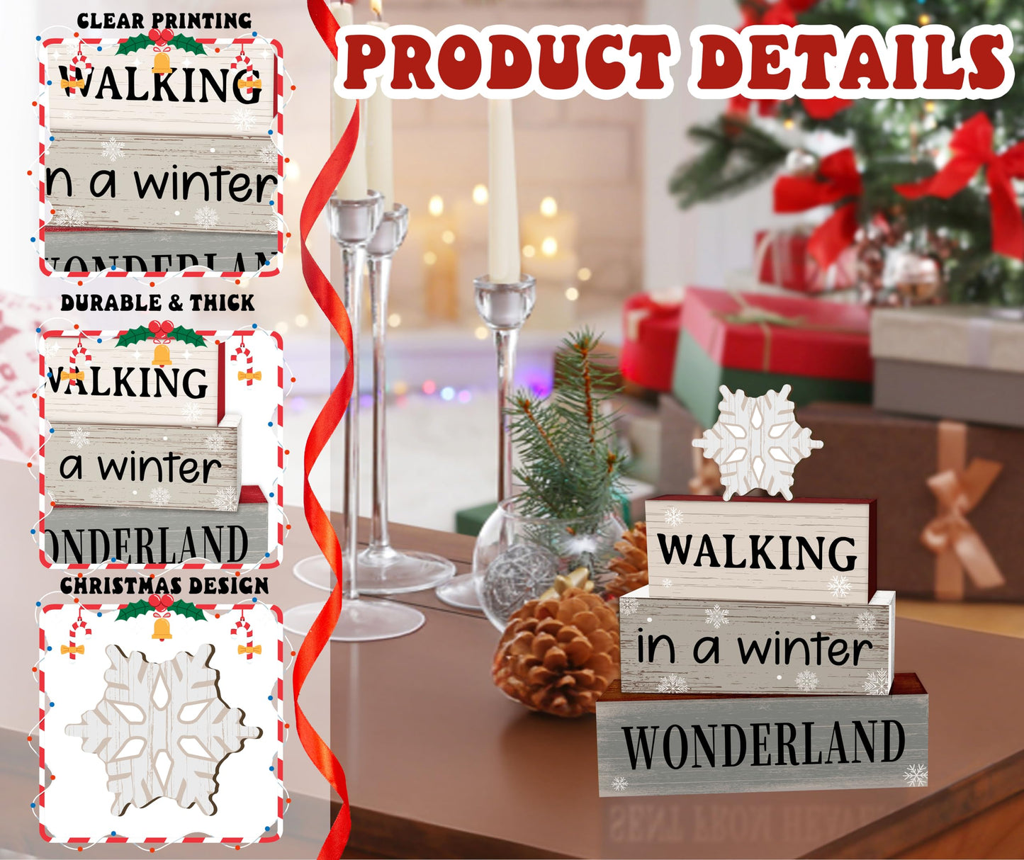 4 Pcs Snowflake Christmas Decor, Snowflakes Table Decorations, Christmas Tiered Tray Desk Decor Gifts, Winter Wonderland Wooden Xmas Stack Block Signs Table Centerpiece for Farmhouse Office -B13