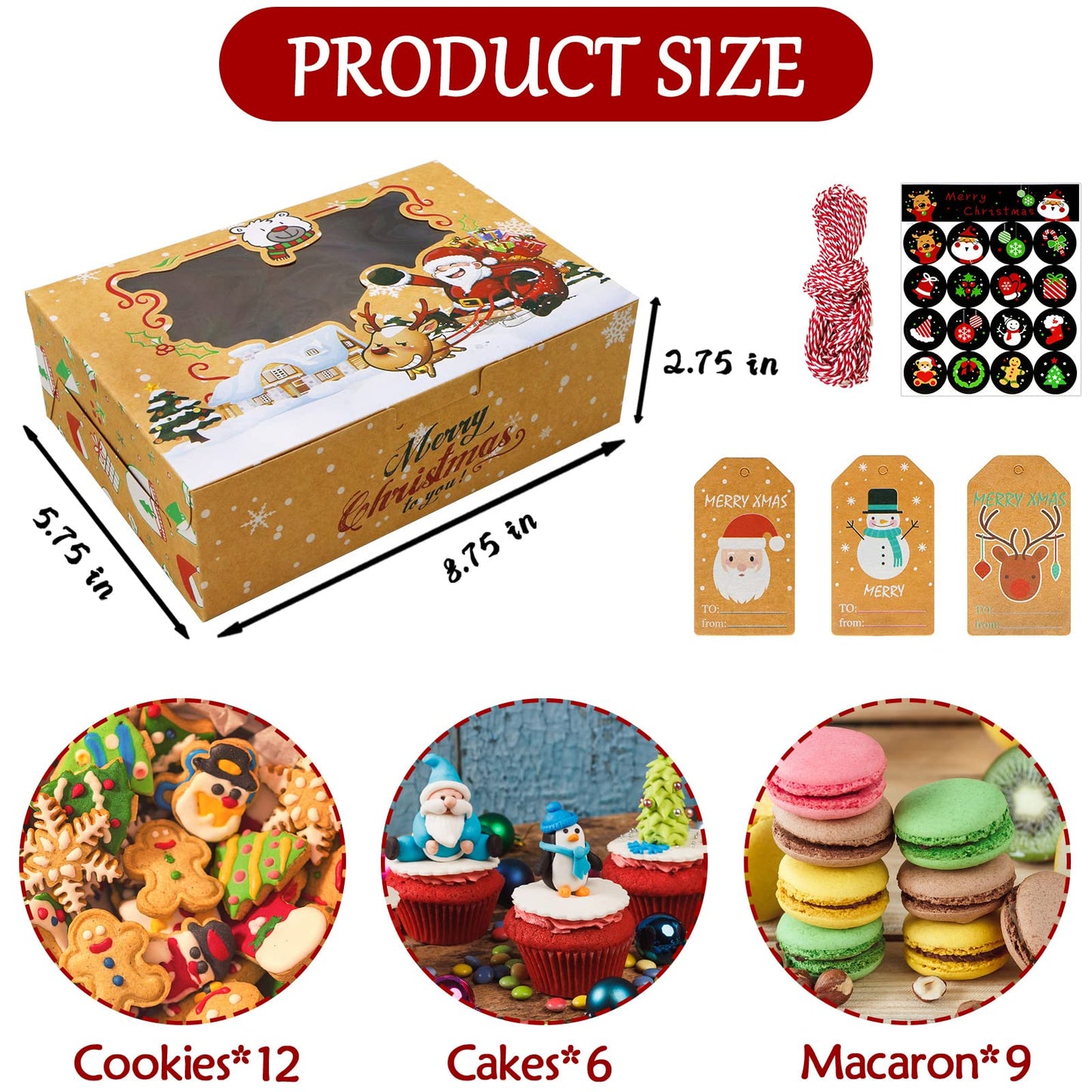 ZMCINER 12 PCS Christmas Cookie Boxes with Window Christmas Bakery Boxes Treat Boxes Baking Boxes for Gift Giving for Pastries, Cupcakes, Brownies, Brown Kraft Bakery Boxes 8.75 x 5.75 x 2.75 Inches