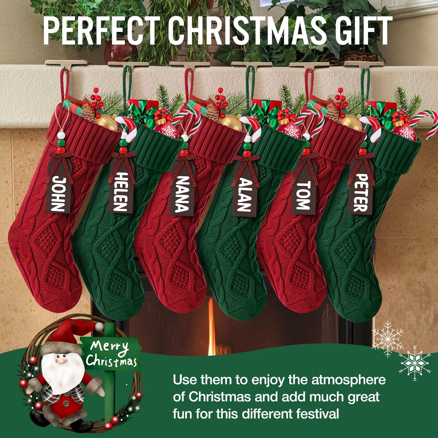 Hommtina Christmas Stockings, Personalized Christmas Stockings 18 Inches Large Size Cable Knitted Stocking Gifts (6pcs red&Green)