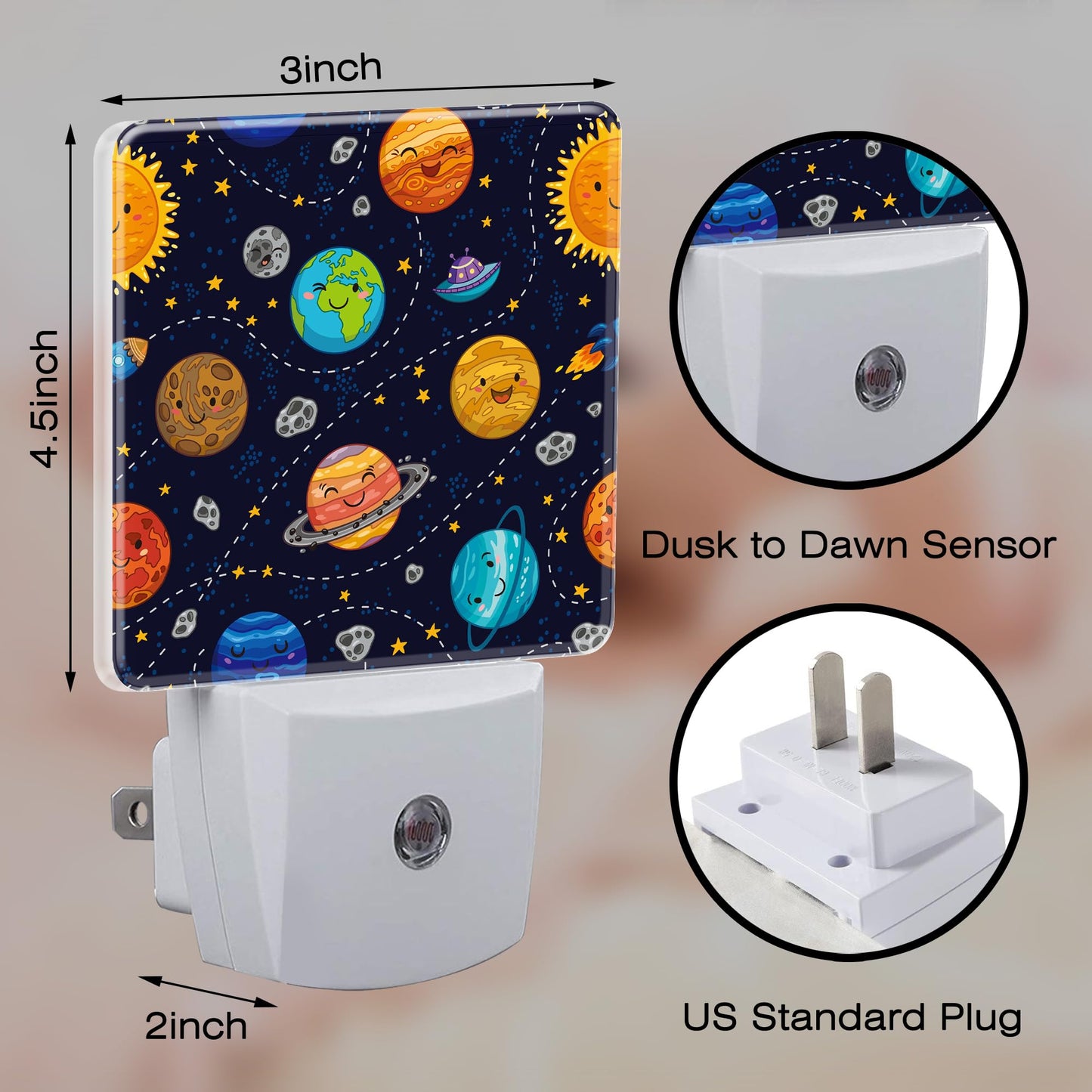 Cartoon Solar System Planets Night Light Plug into Wall,Space Stars Planets Dusk to Dawn Night Light Plug in,0.5w Energy Saving Sleep Friendly NightLight for Kids Boys Girls Home Decor