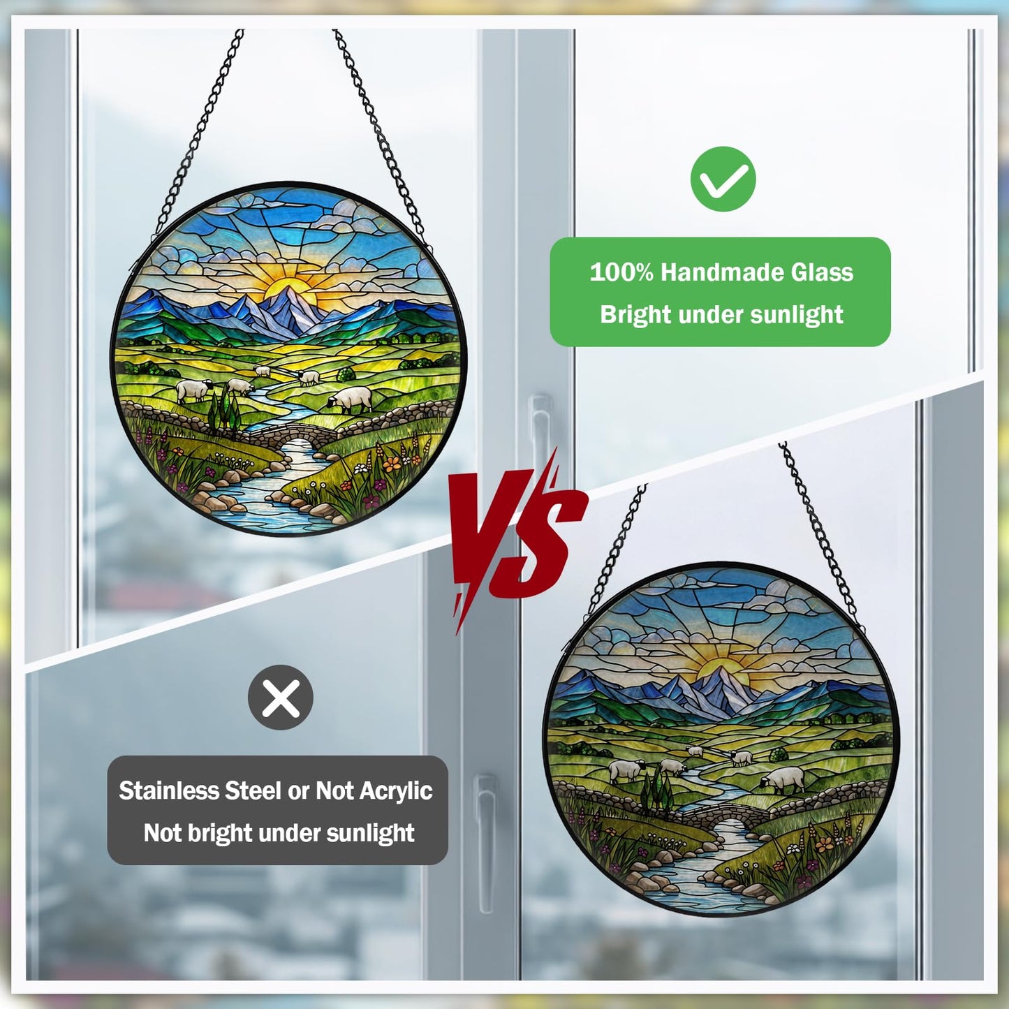 Green Irish Hills Stained Glass Window Hanging, Suncatcher for Window Hanging, Sun Catchers Indoor Windows Wall Art for Nature Lovers, Suncatcher for Home Garden Office 7.87 inches