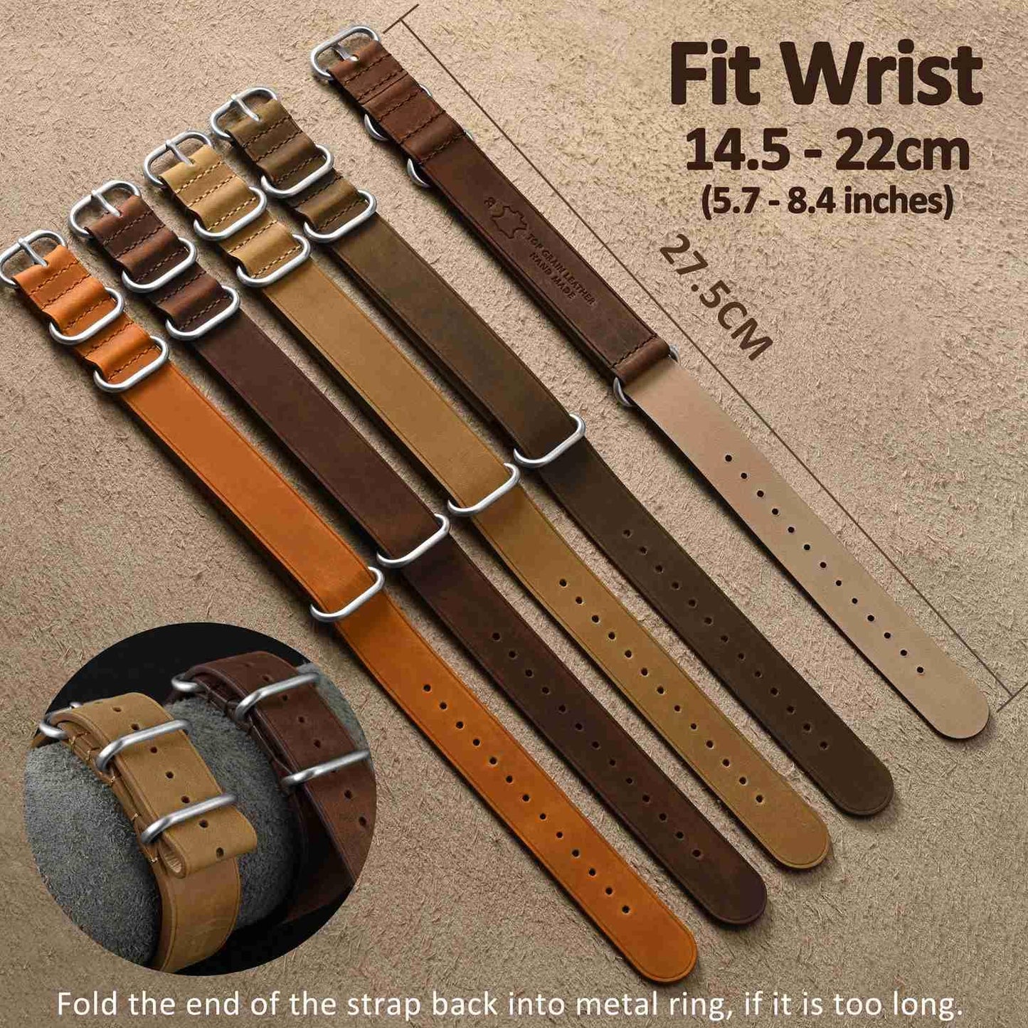 WOCCI 20mm One-piece Watch Band for Men, Top Grain Leather, Brushed Hardware (Retro Brown)