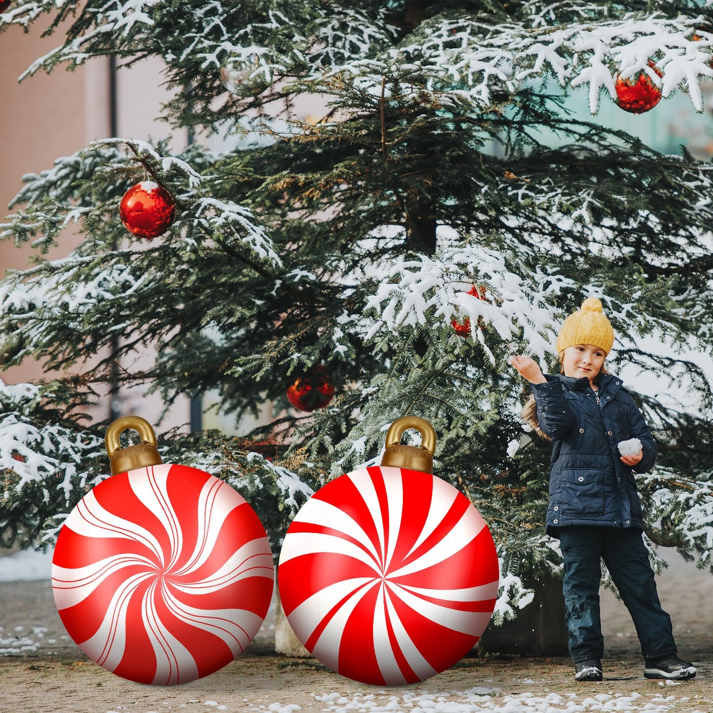 2 Pieces 32 Inch Giant PVC Inflatable Christmas Decorated Ball Ornaments Outdoor Large Xmas Blow Ball Decorations for Christmas Themed Party Ornaments(Candy,Red White)