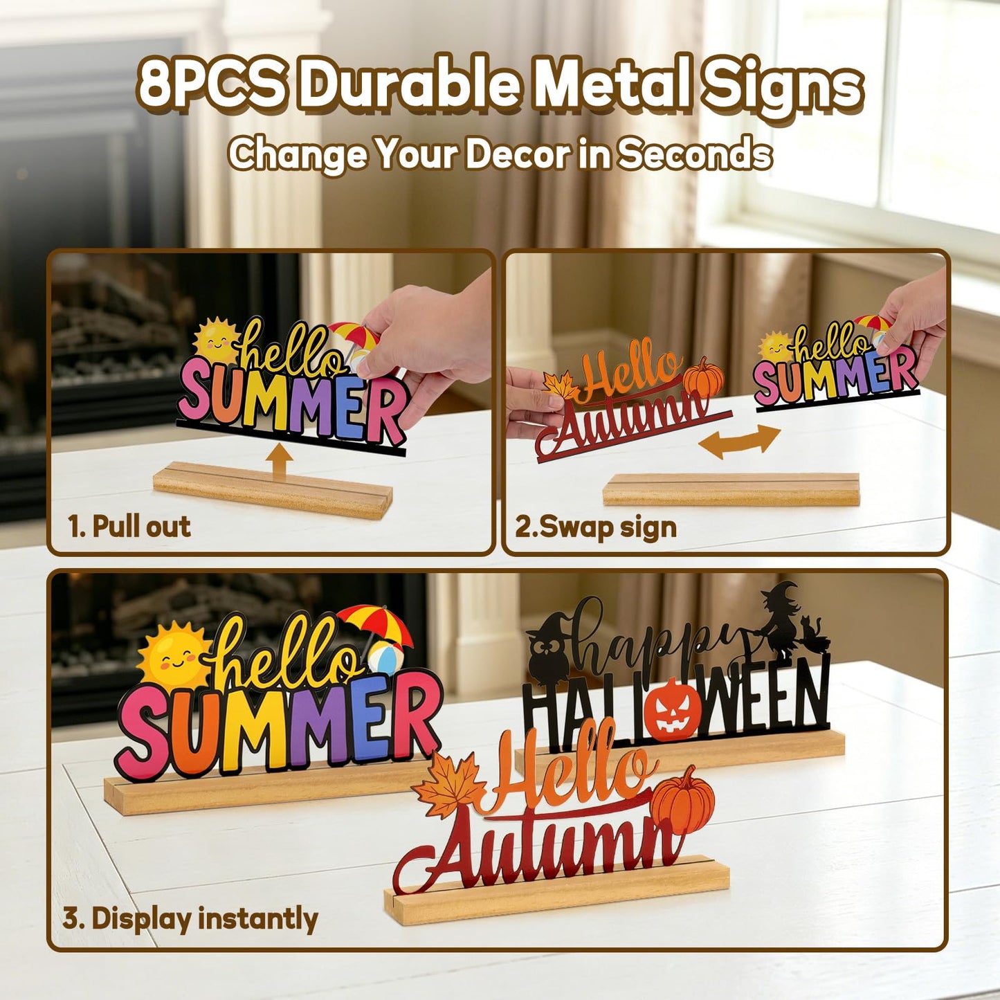 Interchangeable Seasonal Decor Table Sign Set with Wooden Base, 8PCS Holiday & Seasonal Signs for Home Decor, Farmhouse Tiered Tray Decor for Spring Summer Autumn Winter Christmas Halloween