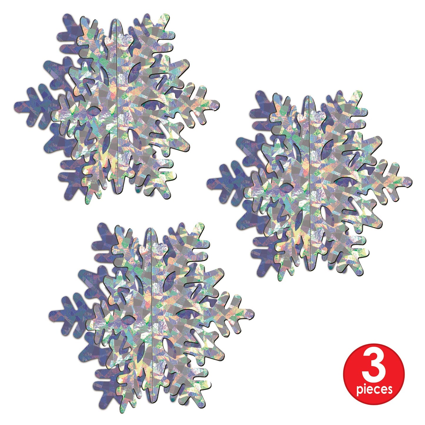 Beistle 3-D Prismatic Silver Snowflake Centerpieces, 10" Tall, Set of 3 - Holiday Winter Wonderland Snow Table Decoration