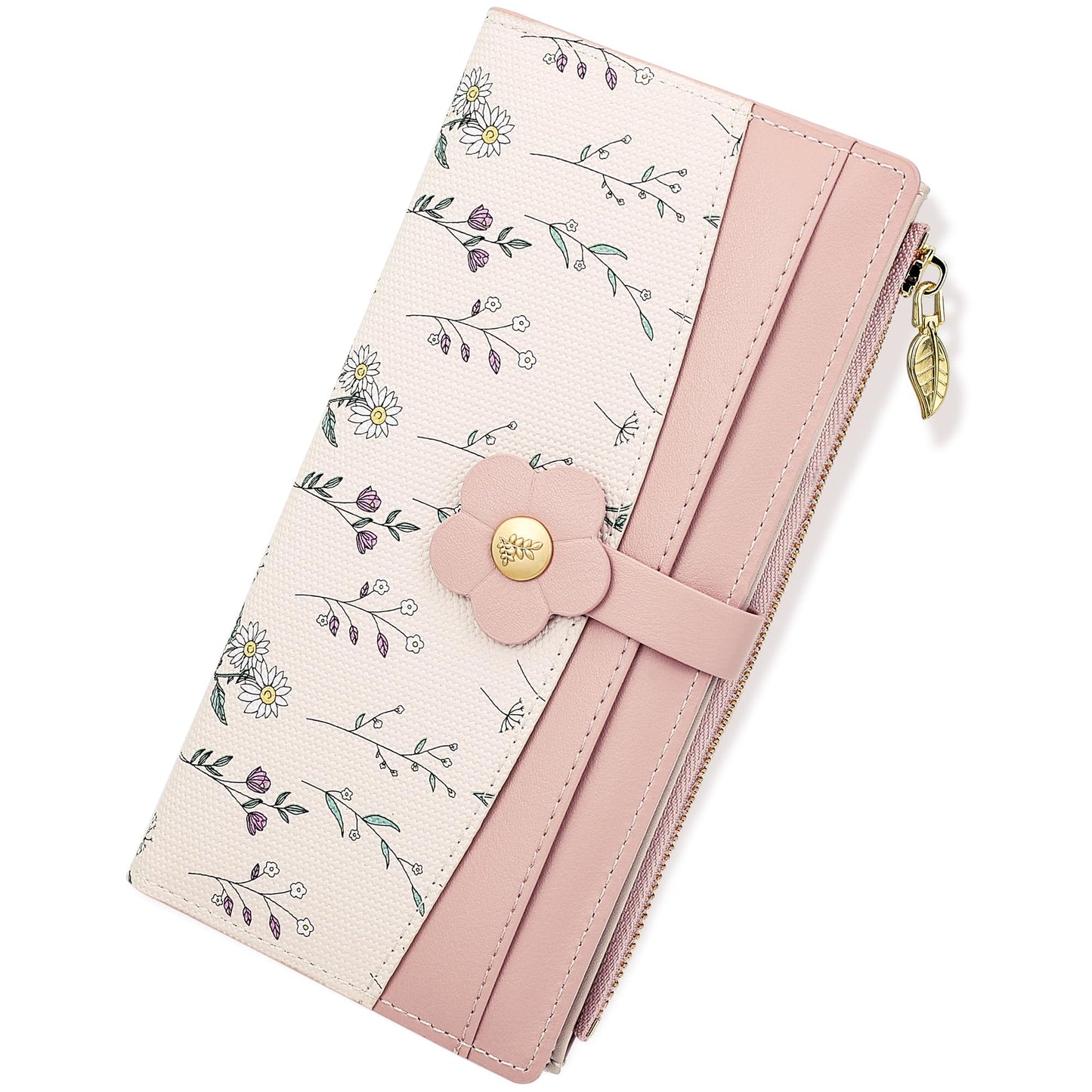Farcauo Long Floral Womens Wallet Cute Wallets for Women Pink Women's Wallet Kawaii Flower Card Wallets for Women Ladies