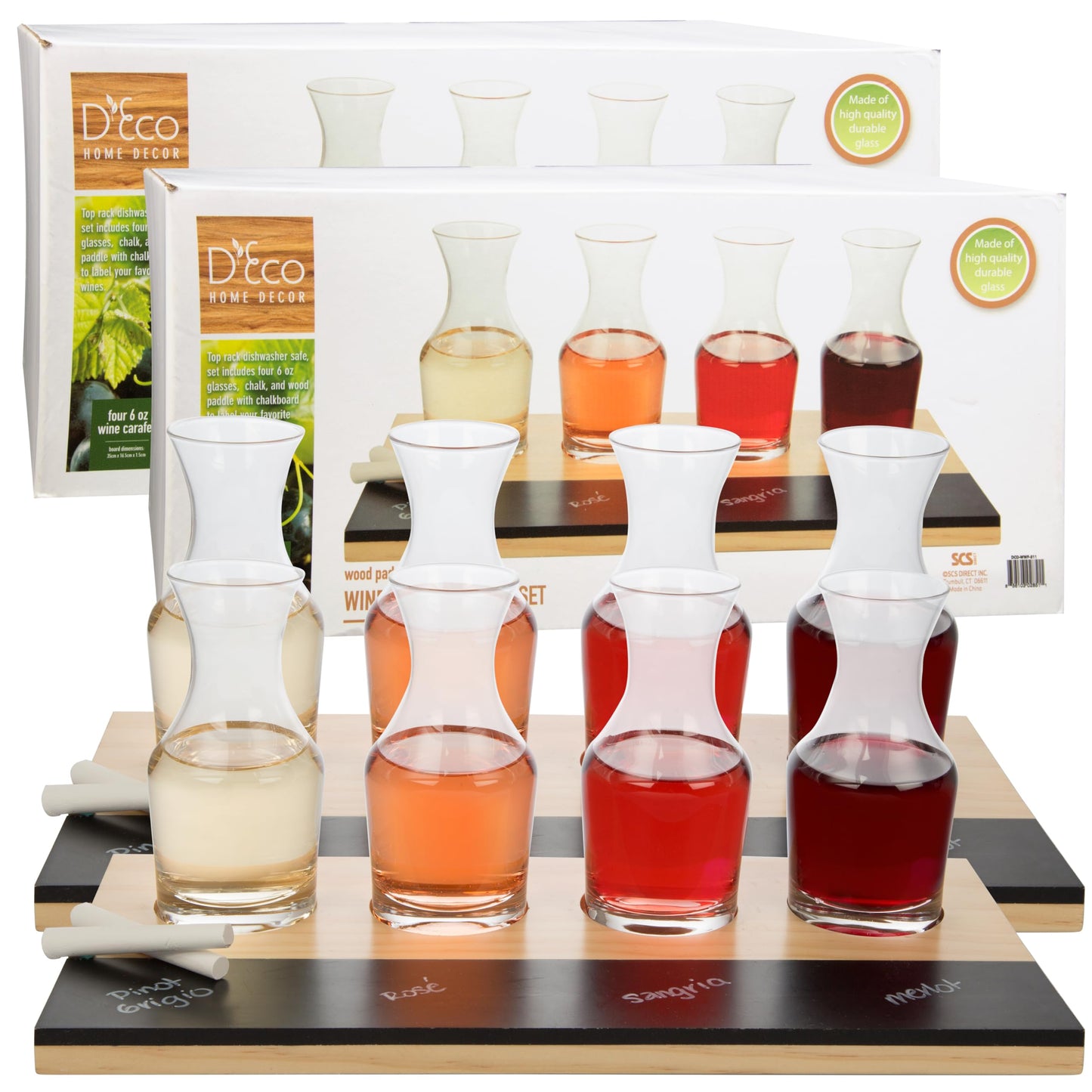 D'Eco Wine Tasting Flight Sampler Boards (2 Pack)- Set Includes Eight 6 oz Decanter Glasses & 2 Wood Paddles w Chalkboards- Great for Charcuterie Boards, Wine Tastings & Brunch - Wedding Gift