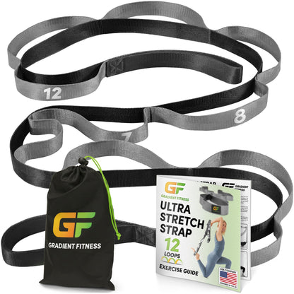 Gradient Fitness Stretching Strap for Physical Therapy, 12 Multi-Loop Stretch Strap 1" W x 8' L, Neoprene Handles, Physical Therapy Equipment, Yoga Straps for Stretching, Leg Stretcher (Black)