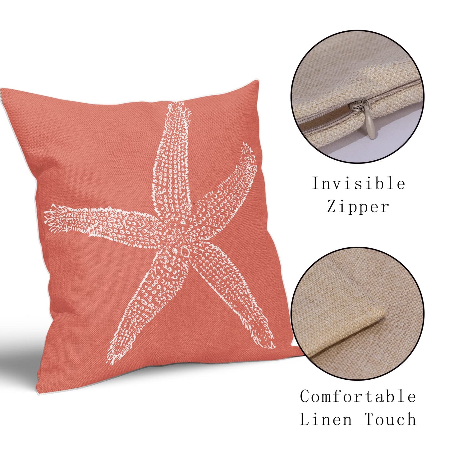 Coastal Coral Throw Pillow Covers 20x20 Inch Set of 2 Starfish Beach Nautical Pillow Covers Summer Farmhouse Pillowscase Linen Square Cushion Covers for Sofa Couch Bedroom Living Room Home Decoration