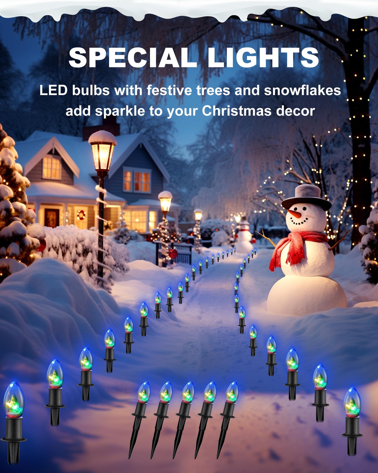 Christmas Pathway String Lights Outdoor- LED 24.5ft Christmas Path Marker Light with 20 C9 Christmas Tree Light Bulbs Decor, Connectable Waterproof Walkway Lights with Stakes for Xmas Lawn Yard Garden