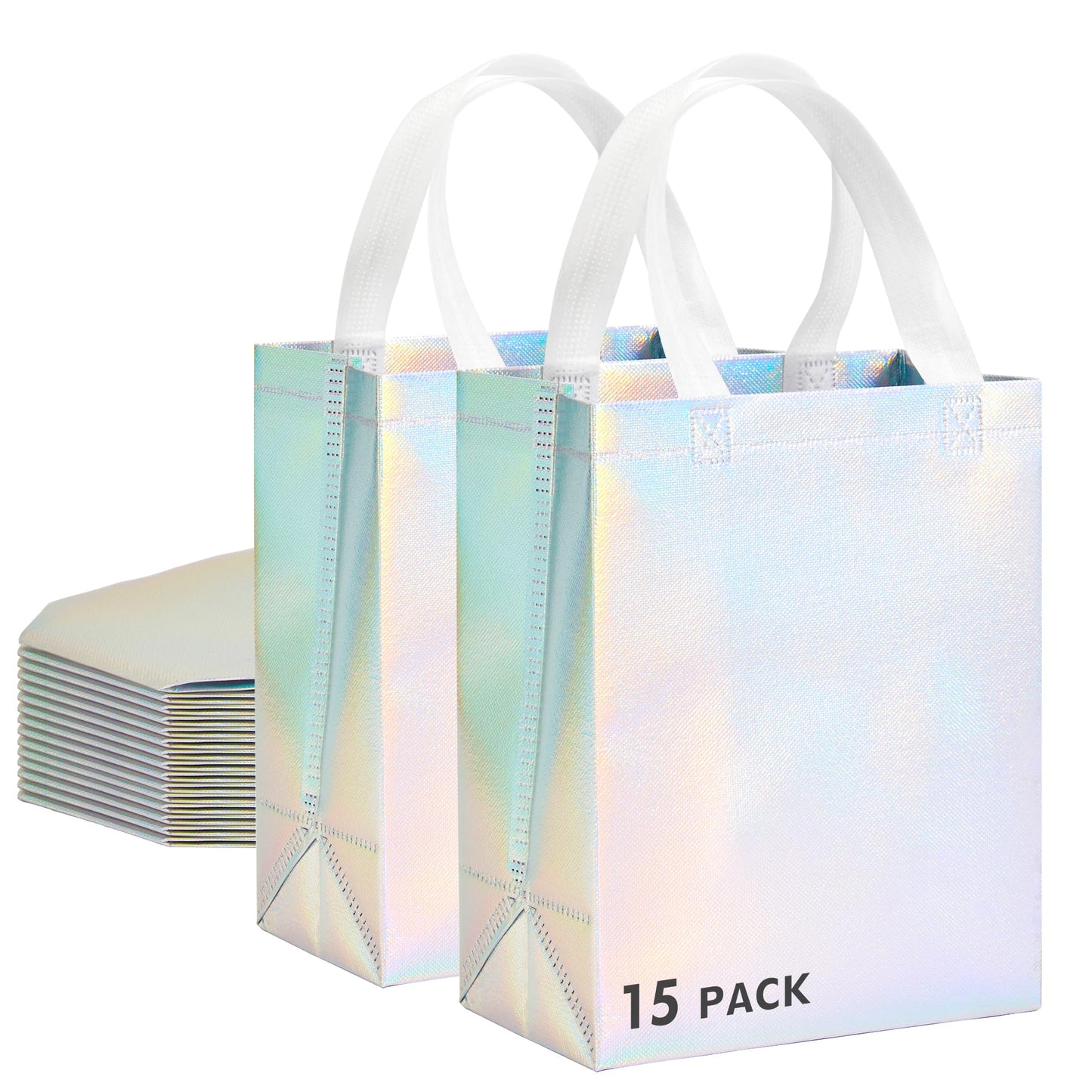 RACETOP 15 Pcs Iridescent Glossy Gift Bags Medium Size, 8x4x10 Inch Holographic Reusable Gift Bags with Handles, Ideal for Birthday, Wedding, Bachelorette, Party Favors, Holiday Goodie