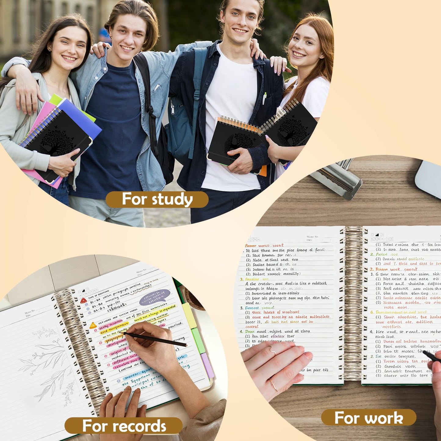 QIYVLOS Hardcover Spiral Notebook, B5 Journal with Removable Dividers Tabs, 5 Subject Notebook College Ruled, 320 Pages 8"x10" Leather Notebooks for Work School Study, Lined Journal for Women, Black