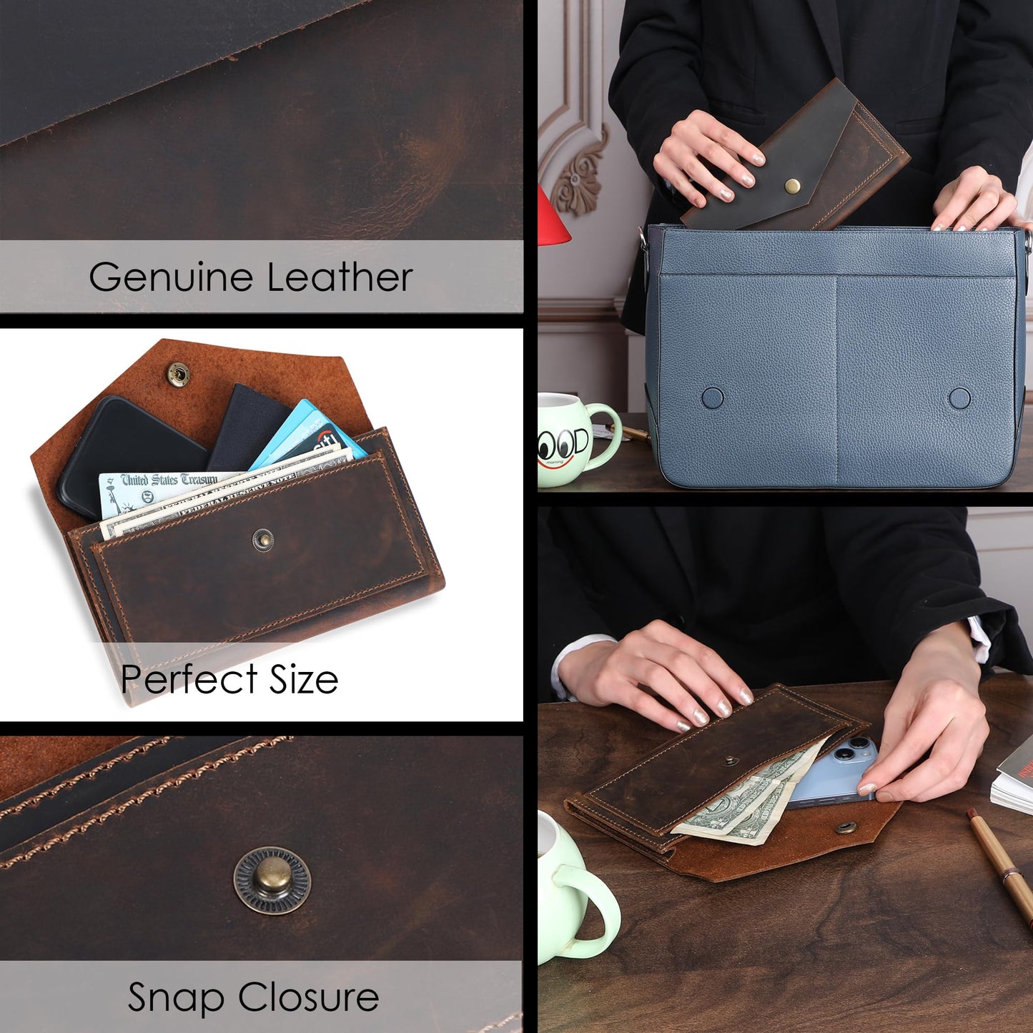 TheAntiq Brown Leather Cash Envelopes for Money - Small Money Pouch With Mobile Holder, Handmade Leather Wallets Currency Holder - Money Organizer for Cash Money Bag for Travel Wallets for Women