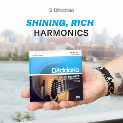 D'Addario Acoustic Guitar Strings, 80/20 Bronze, EJ11, Light Gauge 12-53, 6-String Set, Pack of 1