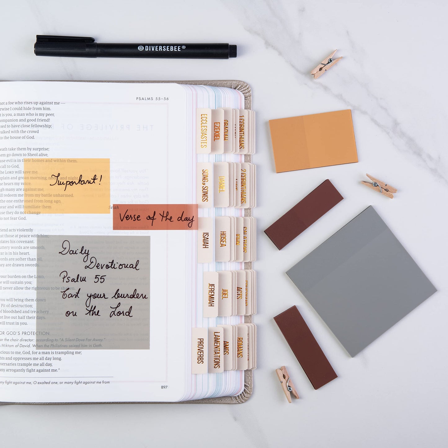 DiverseBee Transparent Sticky Notes (Includes Quick Dry Pen), Cute Clear Sticky Tabs, Translucent Page Flags Book Markers Stickers, Planner Accessories Bible Journaling Study Office Supplies (Dune)