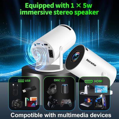 Mini Projector 1080P, 4K Projector Full HD with WIFI 6 and Bluetooth 5.2, Support 180° Rotatable Portable Projector with Auto Keystone Correction, Built-in App Compatible with Phone/HDMI/USB-White