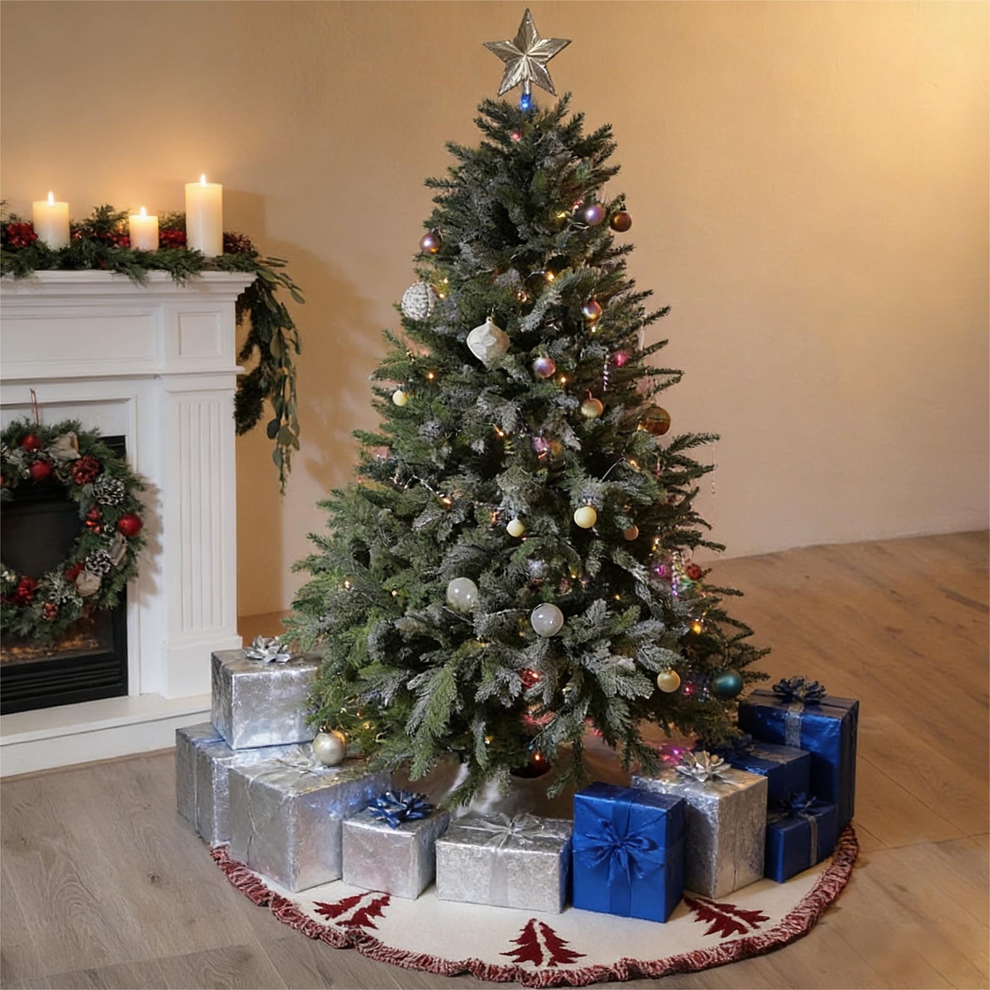 Christmas Tree Skirt, Christmas Decorations, 48 Inch Knitting Retro Xmas Tree Skirt Décor Skirt for 6/7 ft Trees (White with Red)