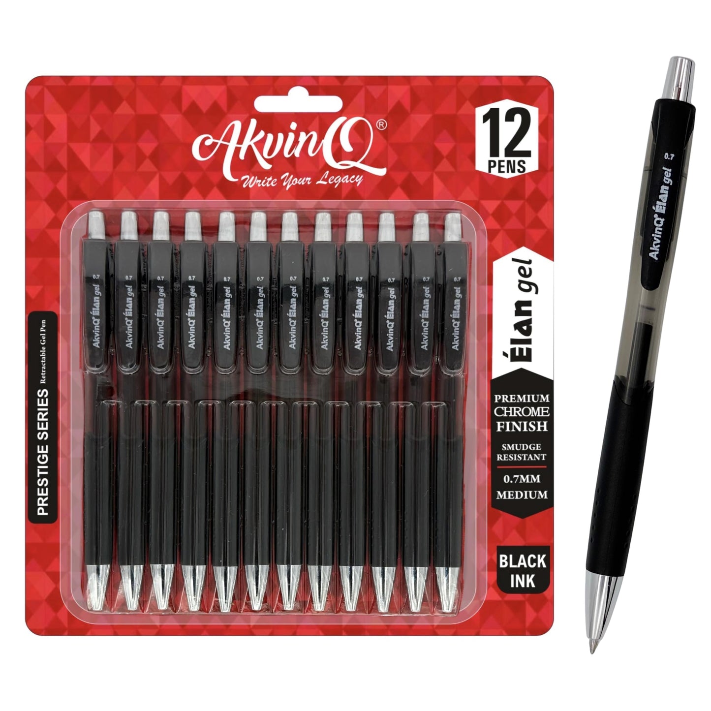 AKVINQ® Élan Gel Pens 12-Pack, 0.7mm Medium Point, Retractable Gel Ink Pen – Premium Chrome Finish, Black Ink, Smudge-Resistant, Unique Comfort Grip, Office & School Writing
