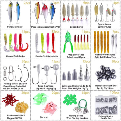 PLUSINNO 302Pcs Fishing Lures, Fishing Tackle Box with Tackle Included, Crankbaits, Spinnerbaits, Hooks, Weights & Accessories - Freshwater Bass Fishing Gear Lure Bait Equipment Kit Gift for Men