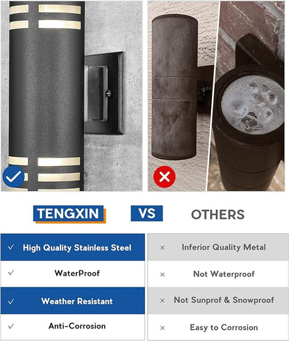 TENGXIN Outdoor Exterior Wall Light,Up and Down Cylinder Modern Porch Light,Stainless Steel 304 and Toughened Glass,Black Finished,E27,UL Listed
